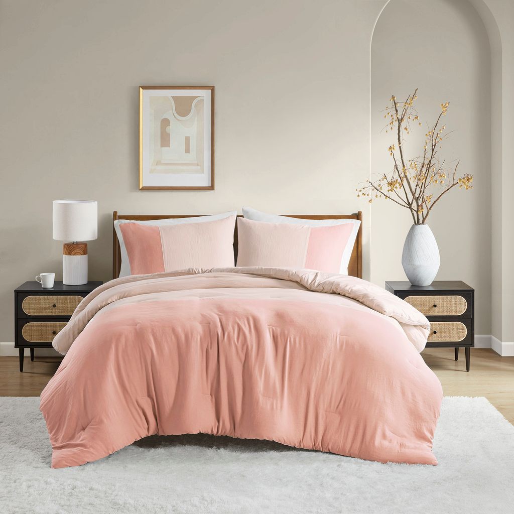 The appearance of Miro Soft Washed Color Block Comforter Set In Pink designed by Olliix in the modern / contemporary interior design. This pink piece of furniture  was selected by 1StopBedrooms from Miro Collection to add a touch of cosiness and style into your home. Sku: AM10-0182. Material: Polyester. Bed Size: Twin.