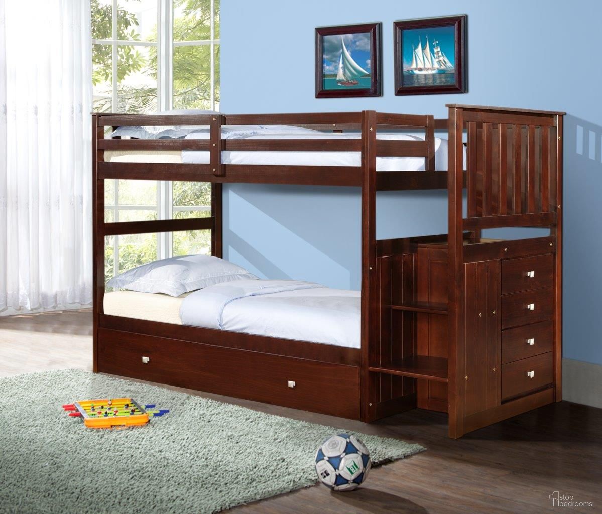 Mission Stairway Bunk Bed With Trundle In Dark Cappuccino Finish