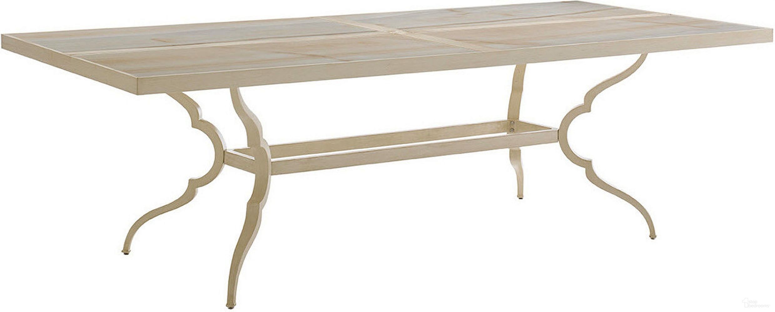 The appearance of Misty Garden Dining Table with Porcelain Top In Antiqued White designed by Tommy Bahama in the modern / contemporary interior design. This antiqued white piece of furniture was selected by 1StopBedrooms from Misty Garden Collection to add a touch of cosiness and style into your home. Sku: 3239-877C. Material: Aluminum. Table Top Shape: Rectangular.