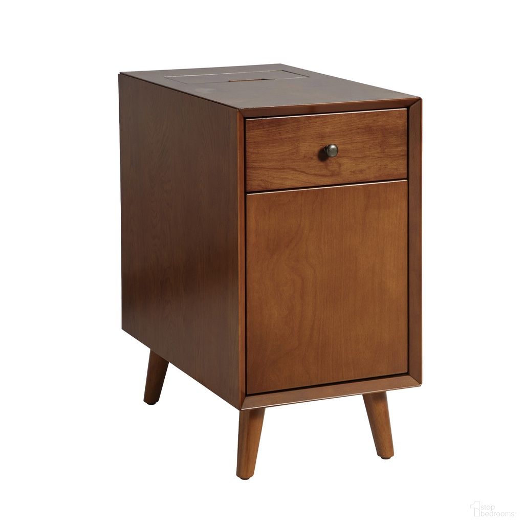 The appearance of Mitch End Table With Storage And Built-In Outlets In Acorn designed by Karat Home in the modern / contemporary interior design. This acorn piece of furniture  was selected by 1StopBedrooms from Mitch Collection to add a touch of cosiness and style into your home. Sku: ETHM1163-ACR. Material: Solid Wood.