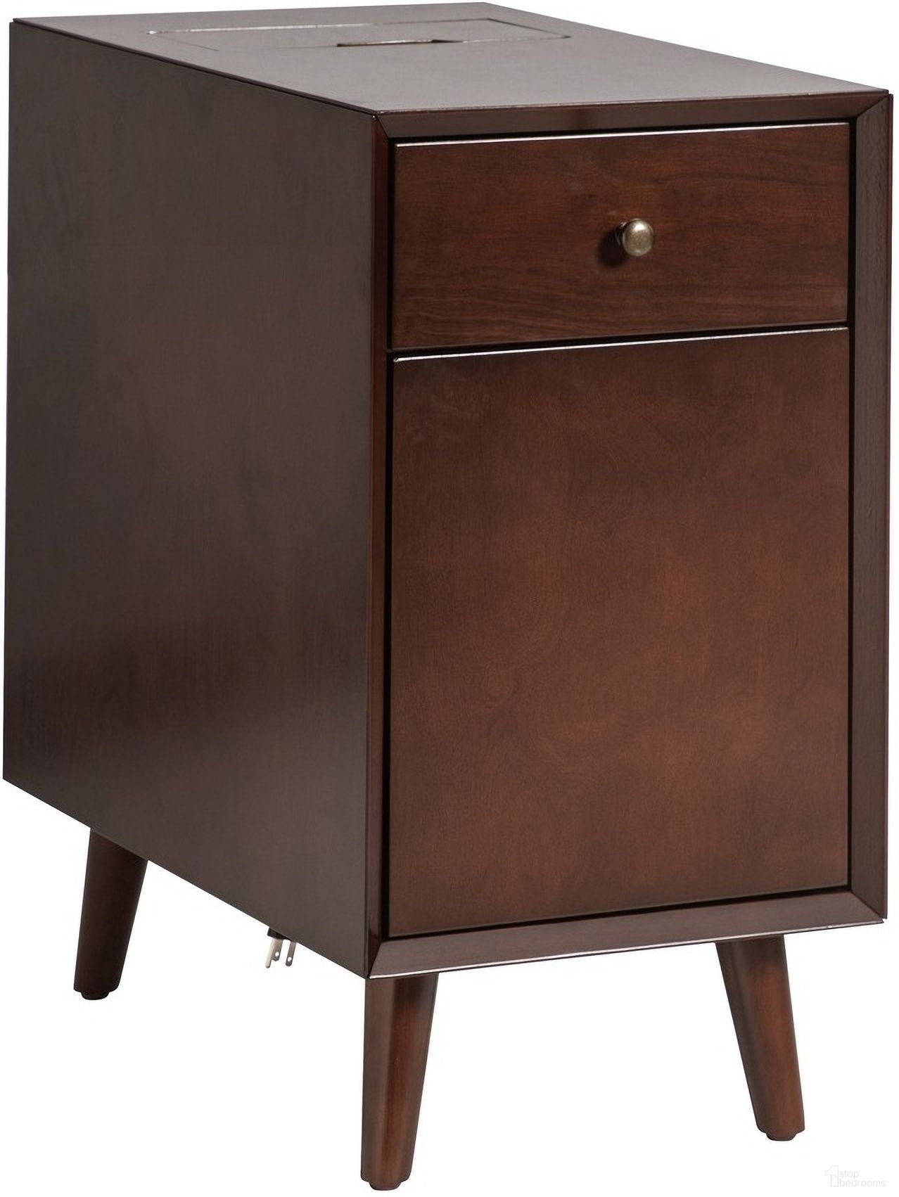 The appearance of Mitch End Table With Storage And Built-In Outlets In Walnut designed by Karat Home in the modern / contemporary interior design. This walnut piece of furniture  was selected by 1StopBedrooms from Mitch Collection to add a touch of cosiness and style into your home. Sku: ETHM1163-WAL. Material: Solid Wood.