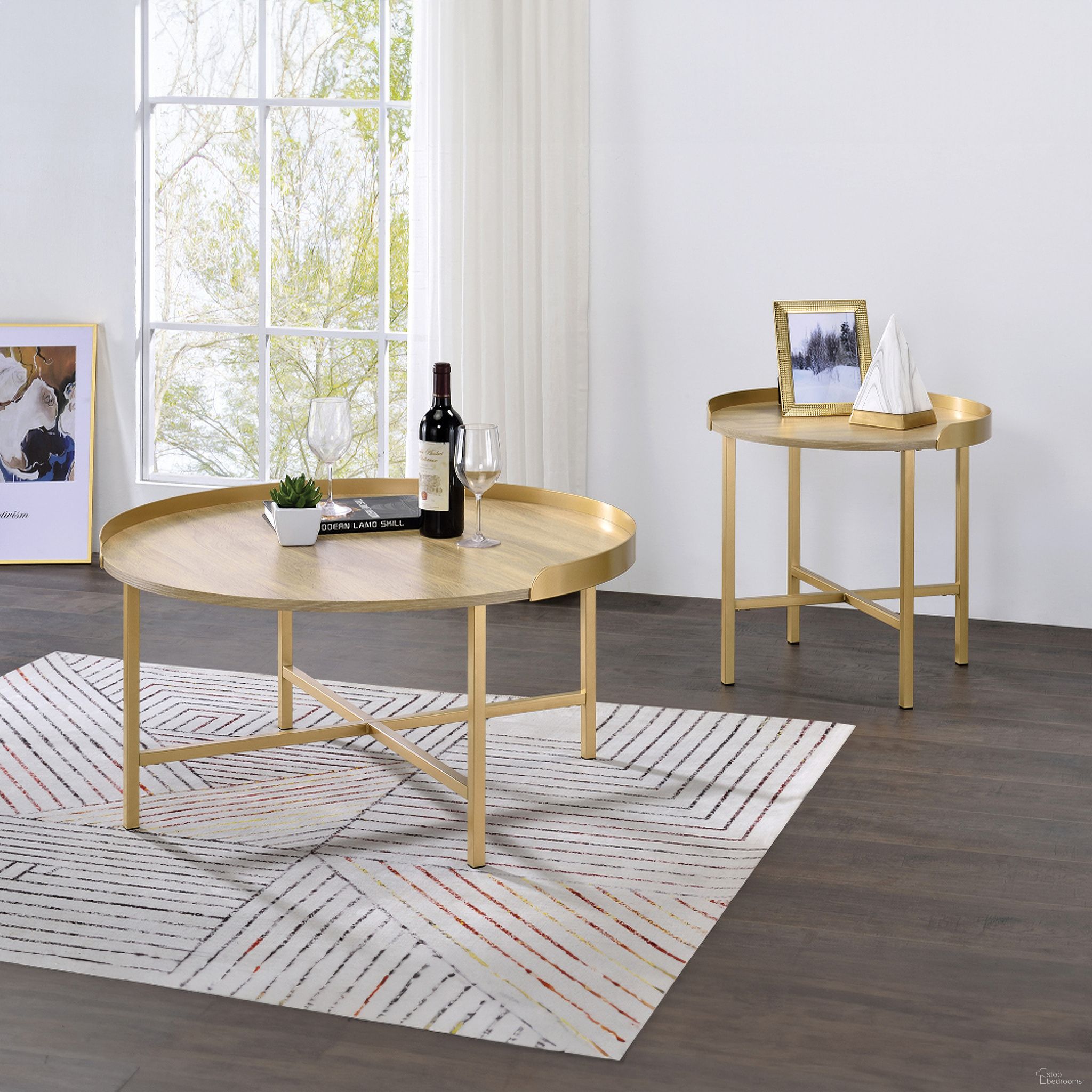 The appearance of Mithea Occasional Table Set In Oak Table Top And Gold designed by ACME in the modern / contemporary interior design. This gold piece of furniture  was selected by 1StopBedrooms from Mithea Collection to add a touch of cosiness and style into your home. Sku: 82335;82337. Material: Wood.