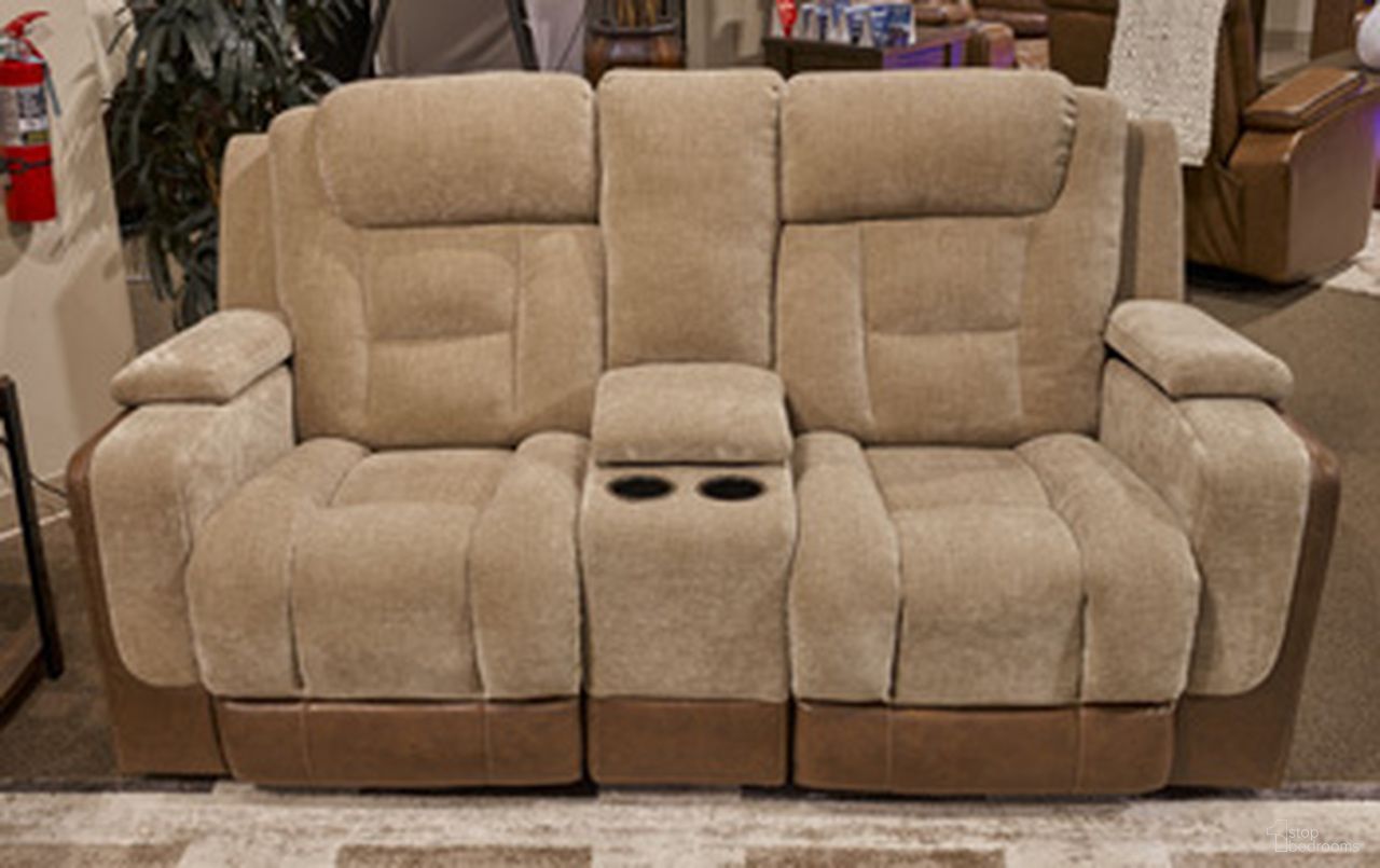 Mixed Momentum Power Reclining Loveseat with Console In Brownstone