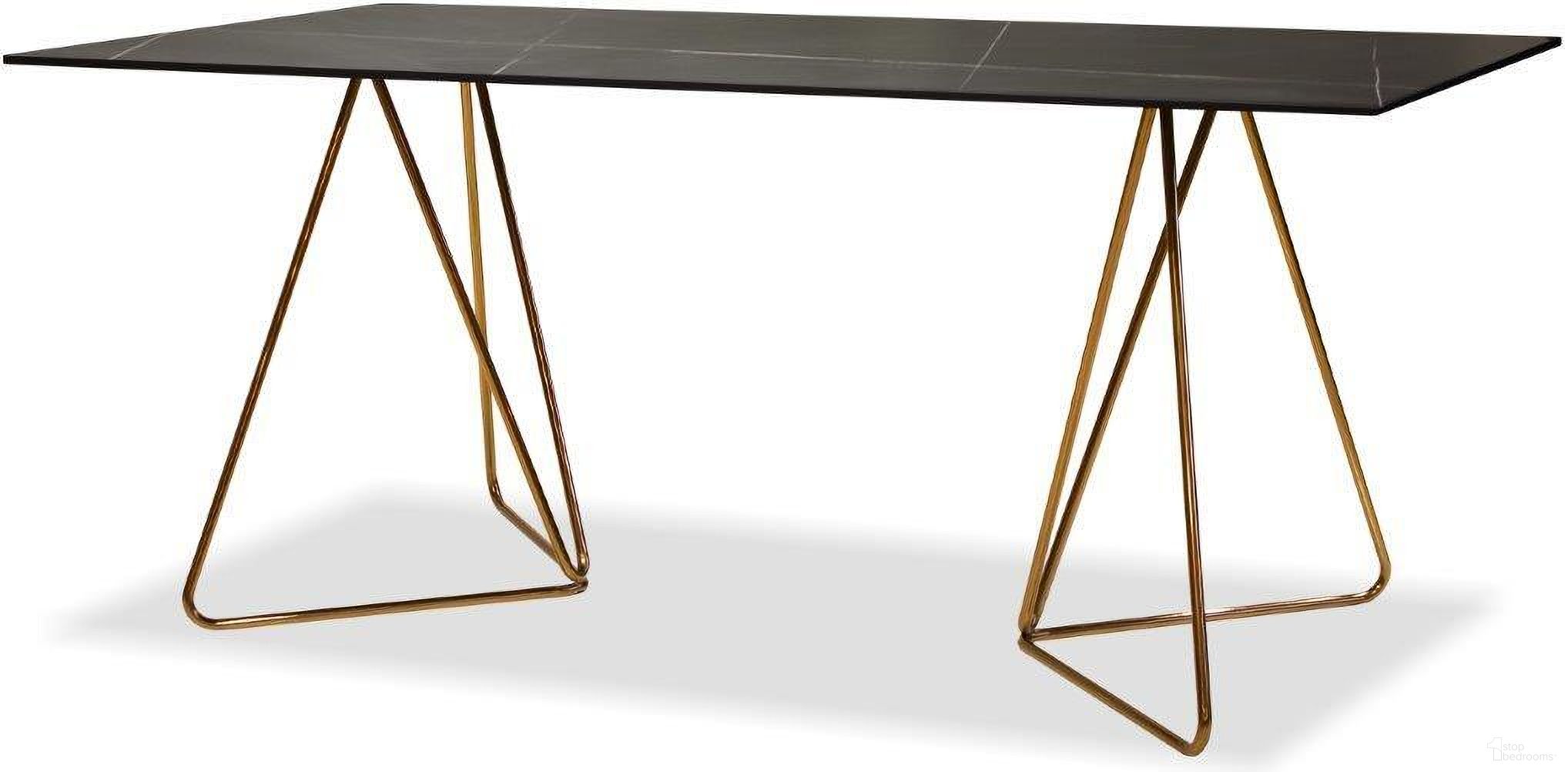 The appearance of Papillon Sintered Laurent Black And Rose Gold Frame Dining Table designed by Mobital in the modern / contemporary interior design. This rose pink gold and black piece of furniture  was selected by 1StopBedrooms from Papillon Collection to add a touch of cosiness and style into your home. Sku: DTA-PAPI-LBLA-RGOLD. Table Base Style: Double Pedestal. Material: Steel. Table Top Shape: Rectangular. Size: 35" x 71".
