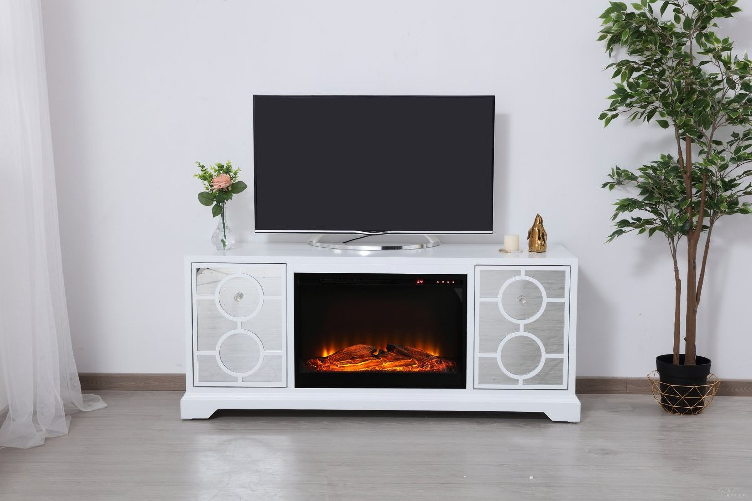 Modern Mirrored TV Stand with Fireplace Insert