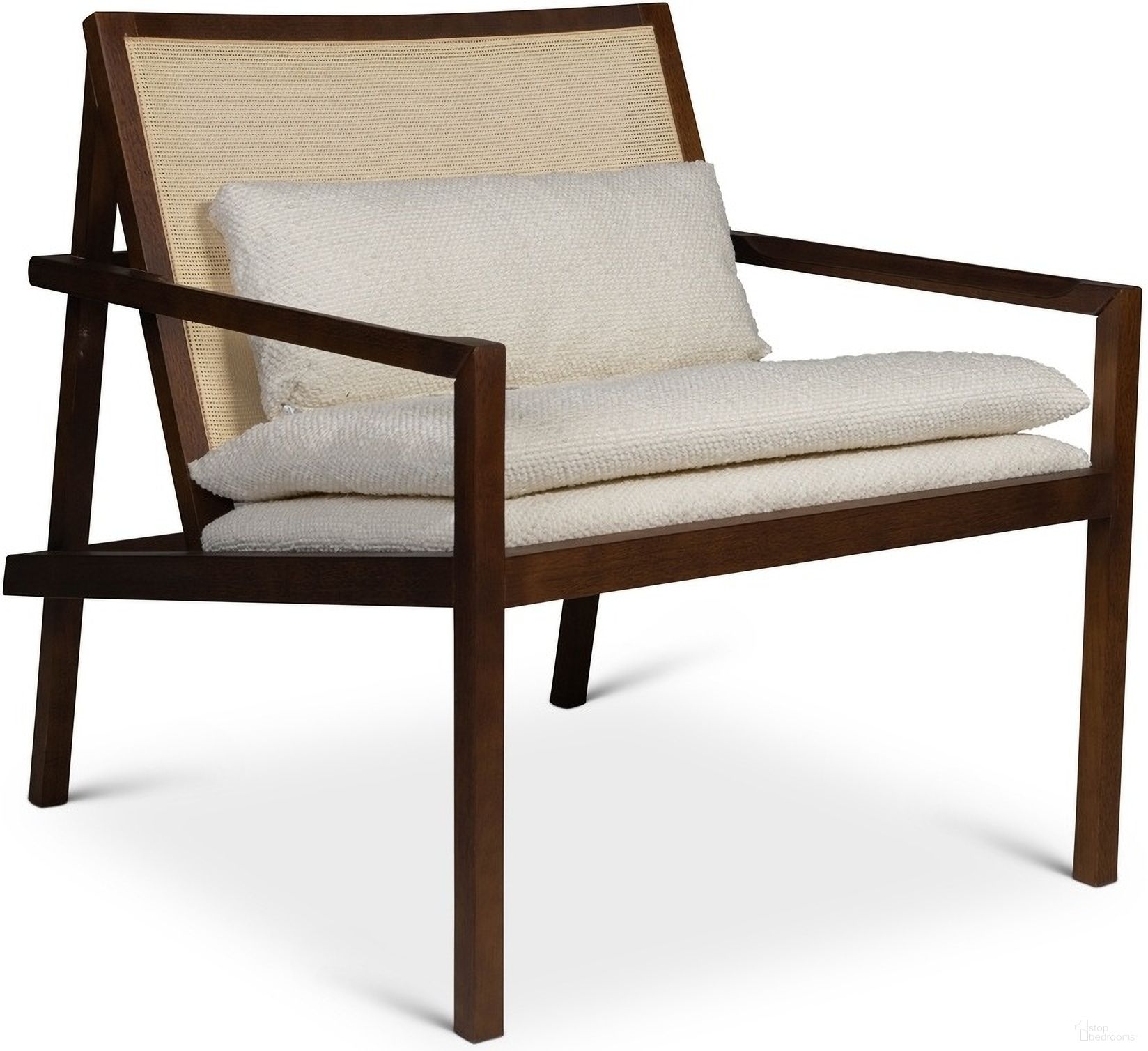Modern Brazilian Barra Cane Lounge Chair In Boucle Ivory Upholstery, Neutral Brown Frame and Natural Cane Webbing