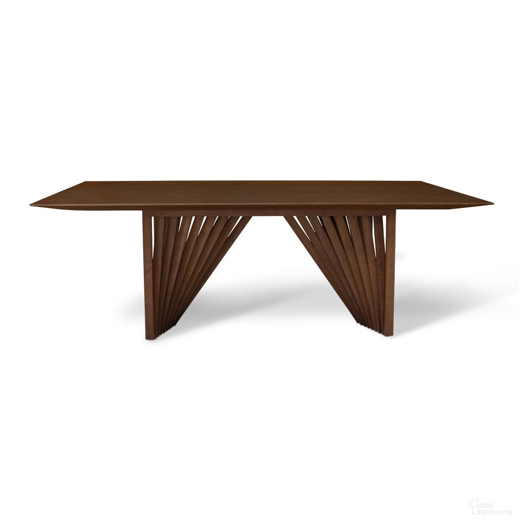 The appearance of Modern Brazilian Laguna Wooden Top Dining Table In Nogal designed by Urbia in the modern / contemporary interior design. This nogal piece of furniture  was selected by 1StopBedrooms from Modern Brazilian Collection to add a touch of cosiness and style into your home. Sku: BSM-208223-06. Table Base Style: Double Pedestal. Table Top Shape: Rectangular. Size: 44" x 87". Material: Oak Veneer.