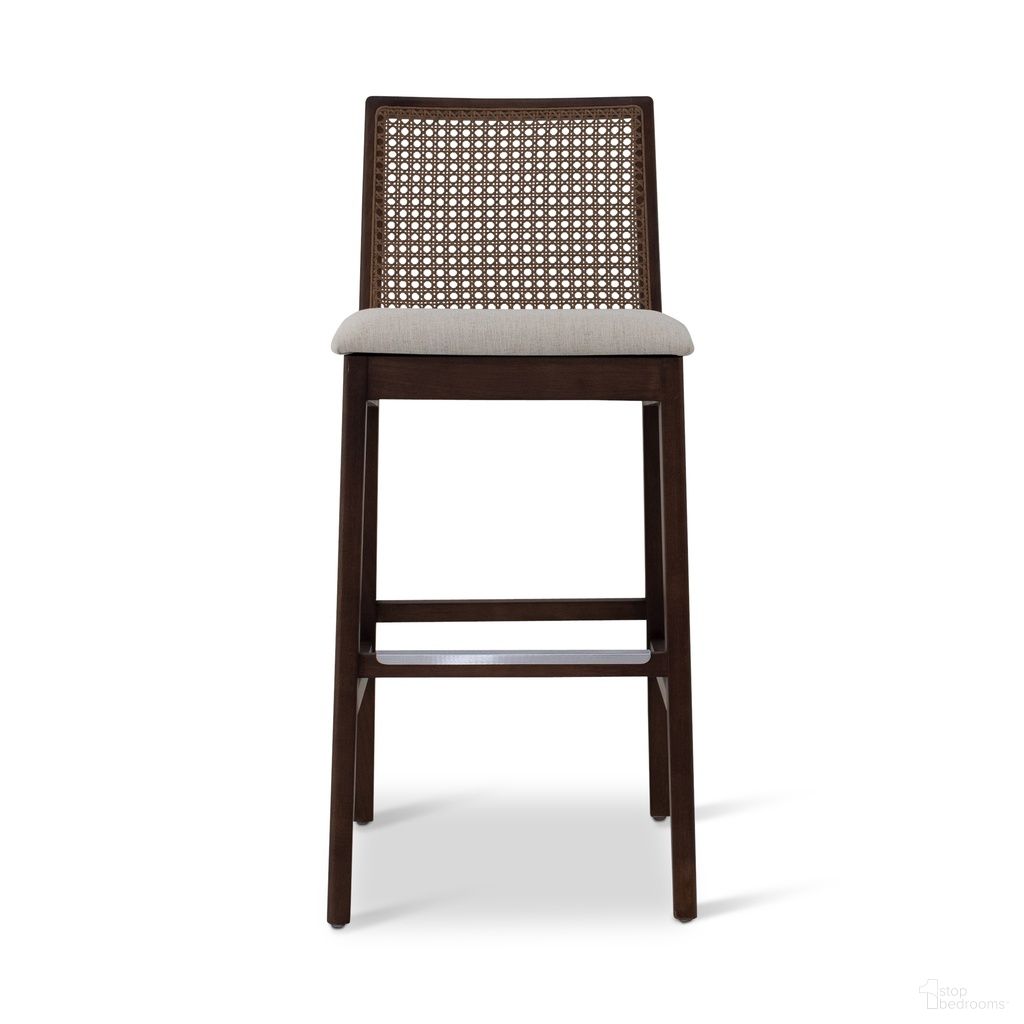 The appearance of Modern Brazilian Nardia Cane Barstool In Medley Ivory and Nogal designed by Urbia in the modern / contemporary interior design. This medley ivory/nogal piece of furniture  was selected by 1StopBedrooms from Modern Brazilian Collection to add a touch of cosiness and style into your home. Sku: BSM-218297-08. Material: Fabric.