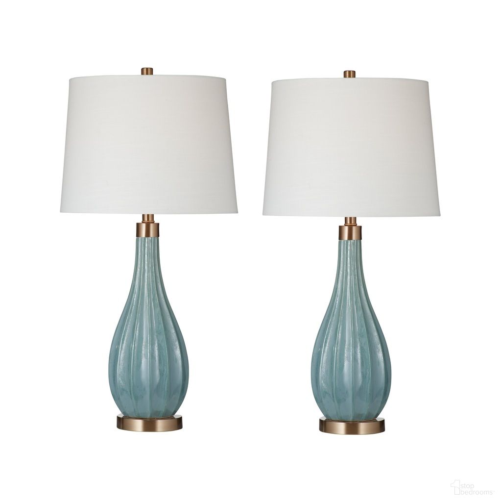 Modern Coastal 30 Inch Tall Glass Table Lamp Set of 2 with Linen Shades In Aqua and White