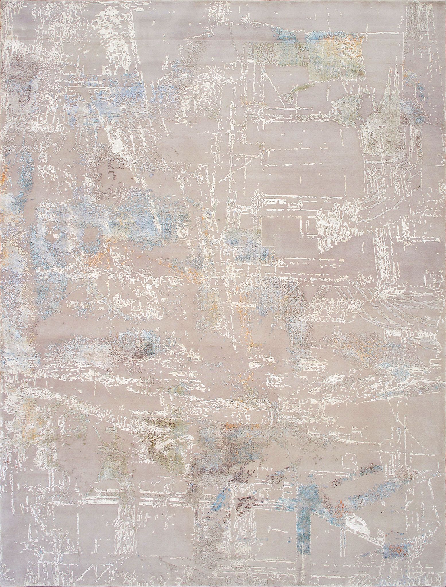 Modern Collection Hand-Knotted Silk and Wool Abstract Rugs-10' 2" x 14' 3" In Silver and Multi