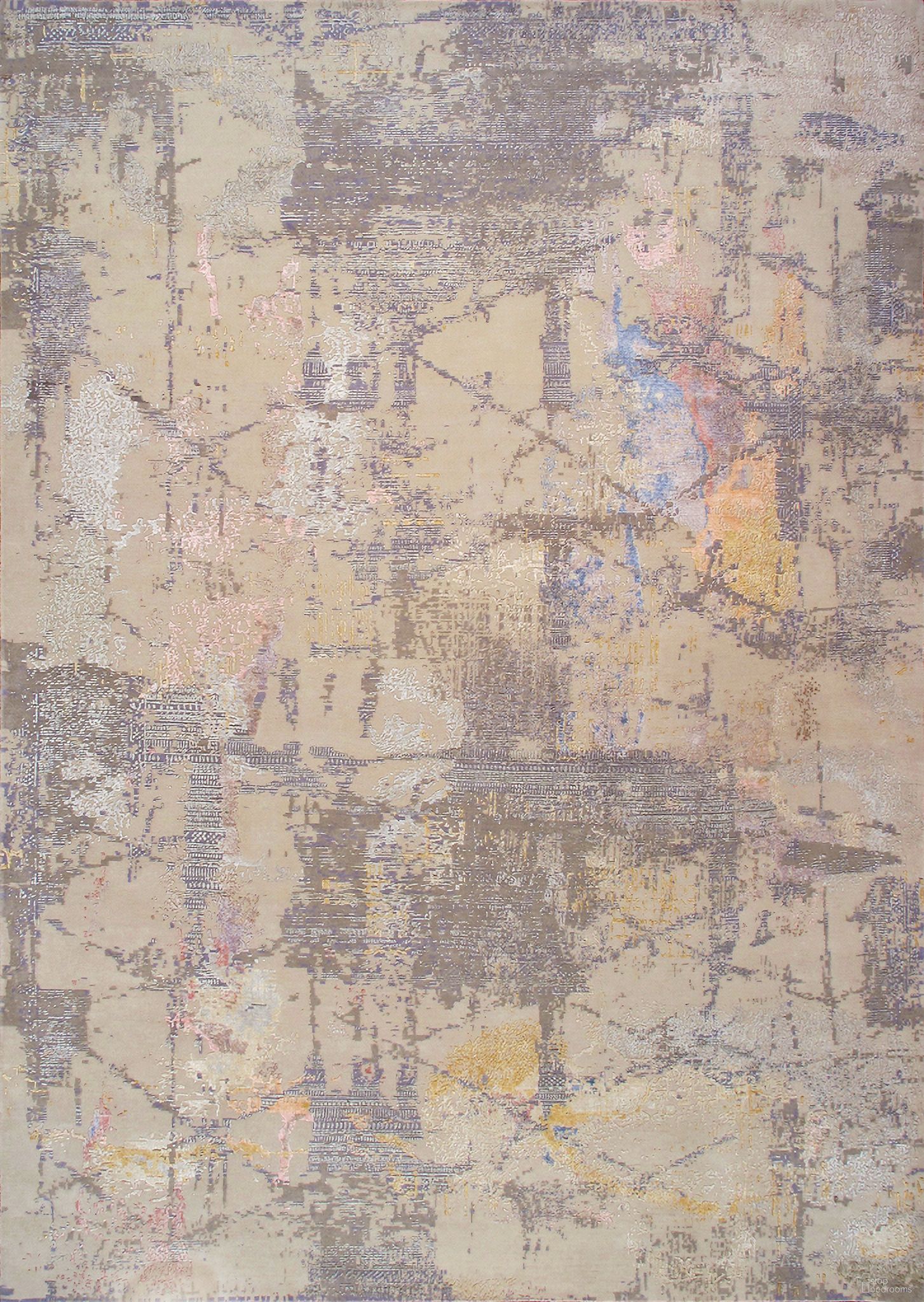 Modern Collection Hand-Knotted Silk and Wool Abstract Rugs-12' x 15' 4" In Beige and Grey