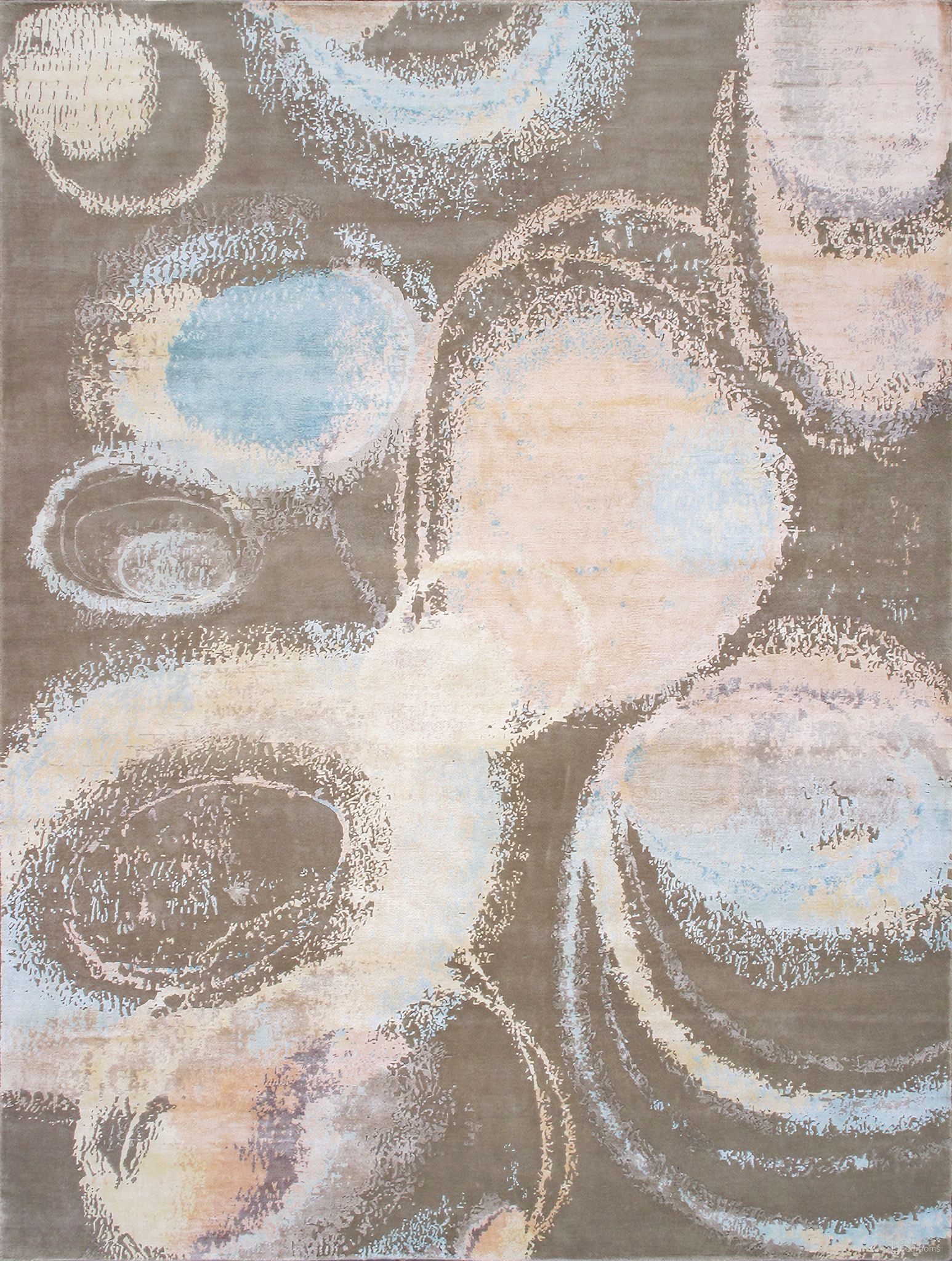 Modern Collection Hand-Knotted Silk and Wool Abstract Rugs- 9' 2" x 12' 2" In Ivory and Grey
