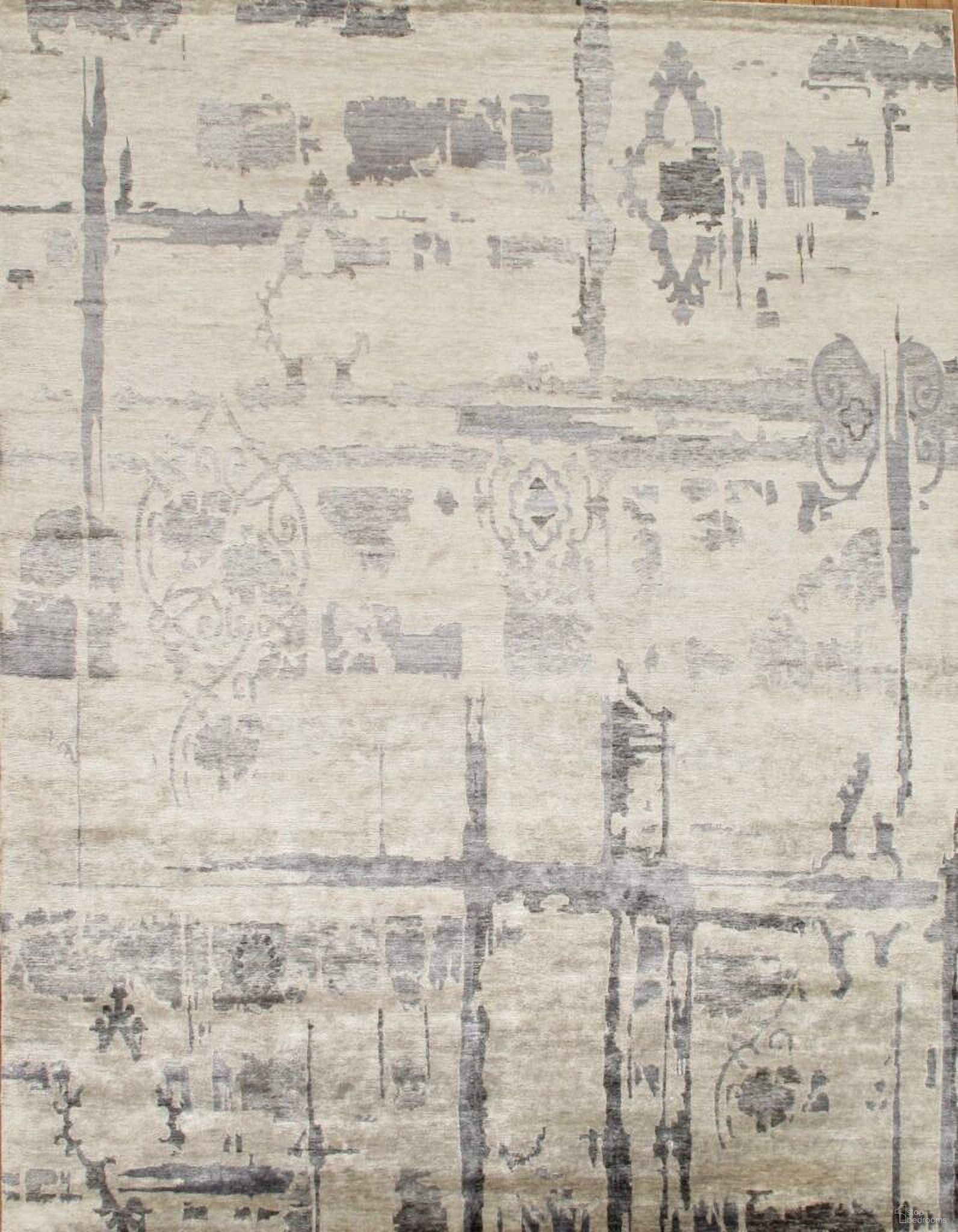 Modern Collection Hand-Knotted Silk Area Rug- 6' 1" x 9' In Ivory and Grey