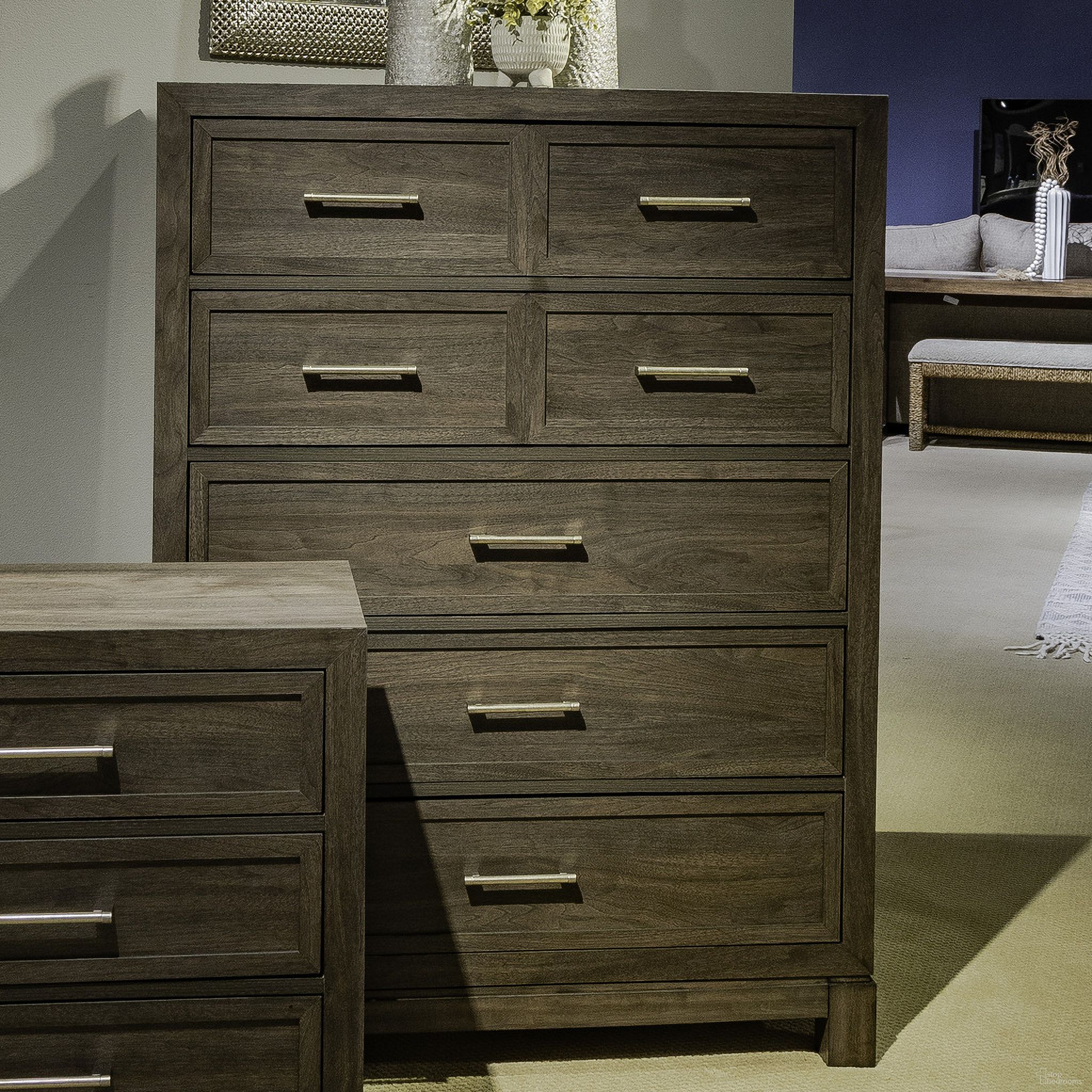 The appearance of Modern Edge 5 Drawer Chest In Brown designed by Liberty in the modern / contemporary interior design. This brown piece of furniture  was selected by 1StopBedrooms from Modern Edge Collection to add a touch of cosiness and style into your home. Sku: 313-BR41. Material: Solid Rubberwood.