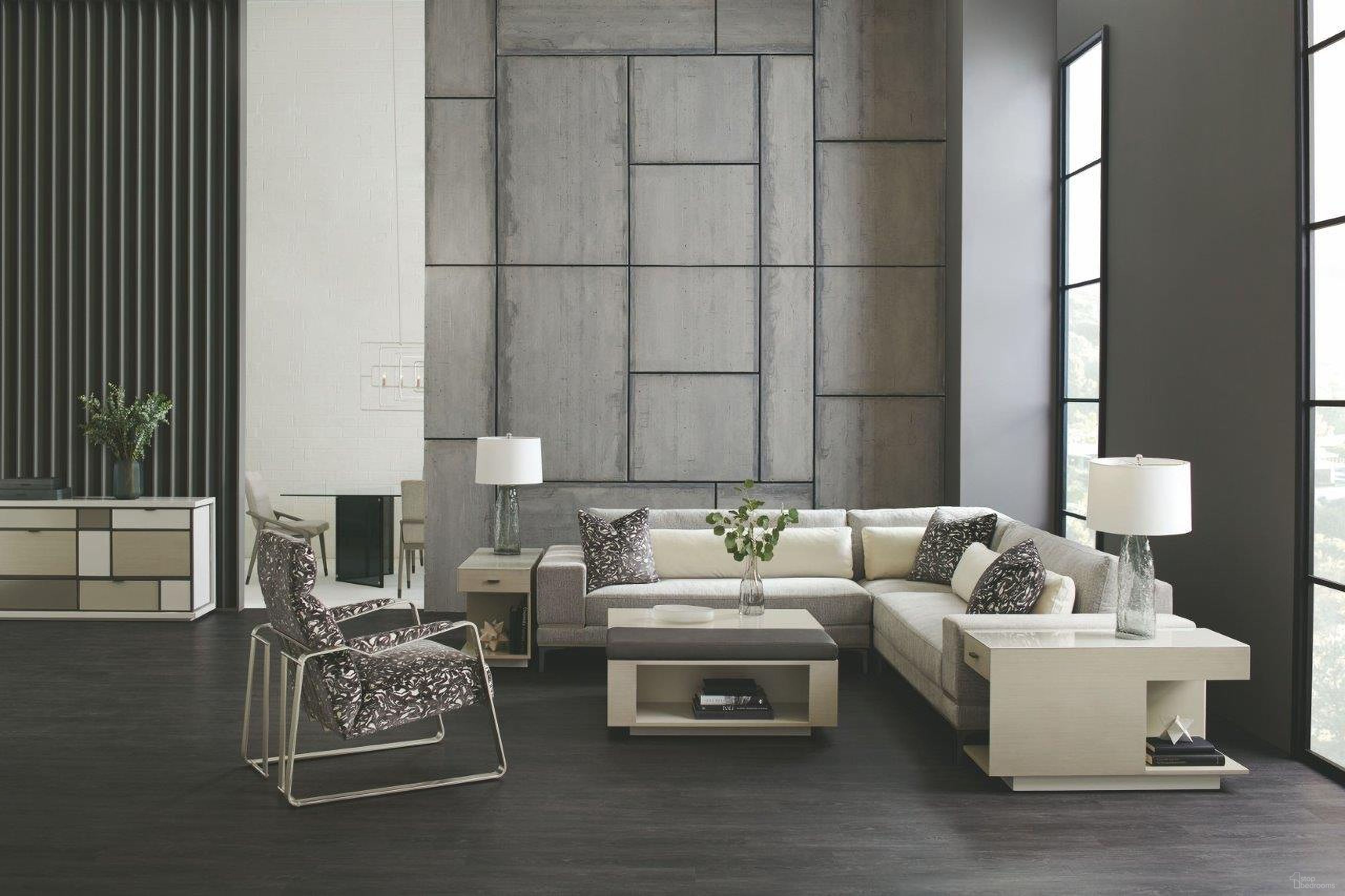 The appearance of Modern Expressions Gray Repetition Sectional designed by Caracole in the transitional interior design. This dark gray piece of furniture was selected by 1StopBedrooms from Modern Expressions Collection to add a touch of cosiness and style into your home. Sku: M120-420-LL1-A;M120-420-CR1-A;M120-420-RL1-A. Material: Birch. Layout: L-Shape.