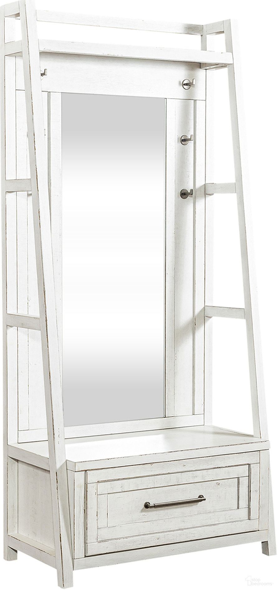 The appearance of Modern Farmhouse 2 Piece Hall Tree Set In Flea Market White With Heavy Distressing designed by Liberty in the country / farmhouse interior design. This white piece of furniture  was selected by 1StopBedrooms from Modern Farmhouse Collection to add a touch of cosiness and style into your home. Sku: 406W-OT1018B;406W-OT1018T. Material: Poplar.