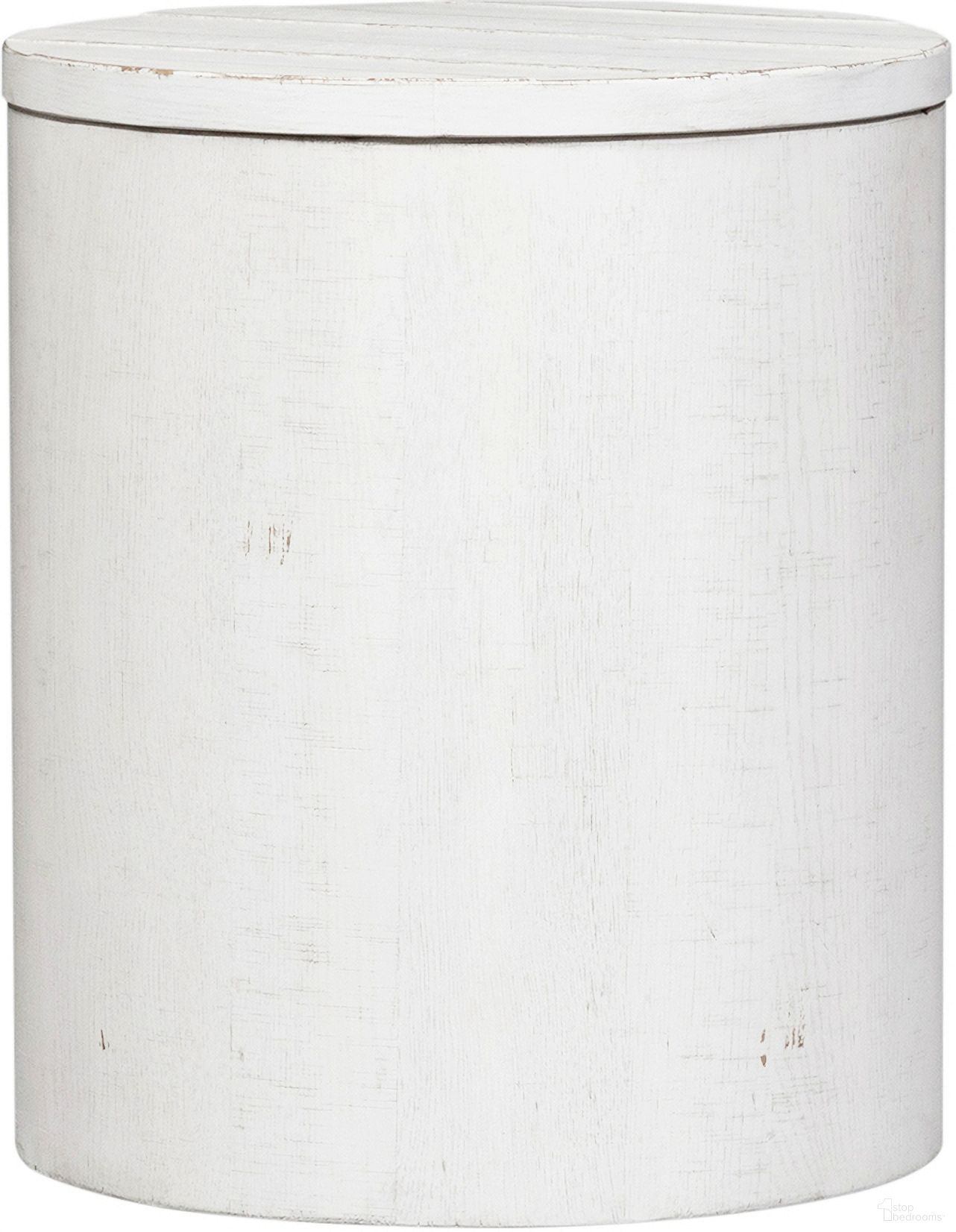 The appearance of Modern Farmhouse Drum End Table In White designed by Liberty in the country / farmhouse interior design. This white piece of furniture  was selected by 1StopBedrooms from Modern Farmhouse Collection to add a touch of cosiness and style into your home. Sku: 406W-OT1021. Material: Poplar.