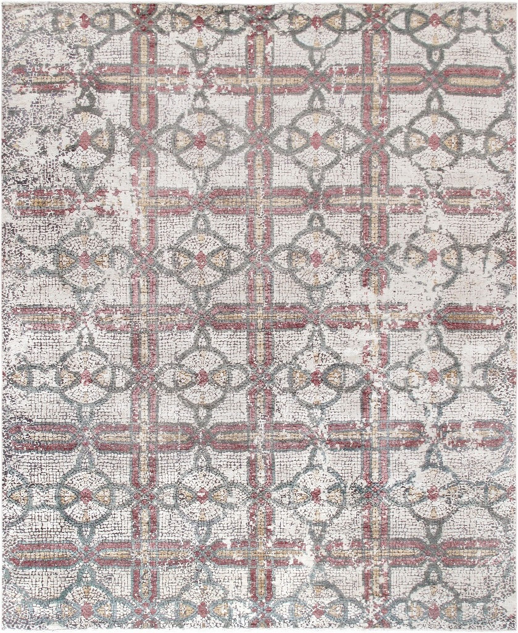 Modern Gemstone Collection Hand-Knotted Silk and Wool Area Rug- 8' x 9' 10" In Ivory and Multi