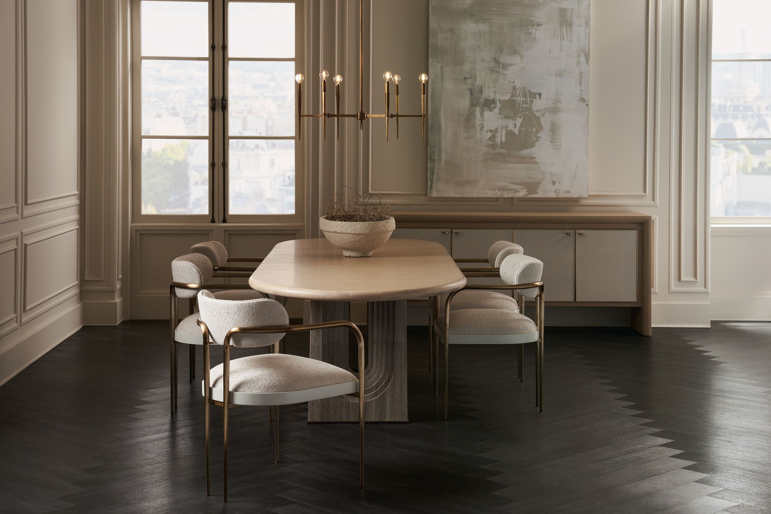 The appearance of Modern Principles Emphasis Dining Set In Oak designed by Caracole in the modern / contemporary interior design. This oak piece of furniture  was selected by 1StopBedrooms from Modern Principles Collection to add a touch of cosiness and style into your home. Sku: M142-022-201B;M142-022-201T;M142-022-295. Table Base Style: Double Pedestal. Table Top Shape: Oval. Material: Wood. Size: 42" x 94".
