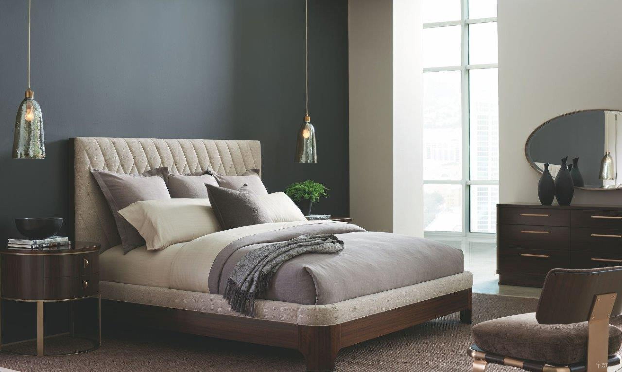 The appearance of Modern Streamline Diamond Quilited Upholstered Panel Bedroom Set designed by Caracole in the modern / contemporary interior design. This brown and beige piece of furniture was selected by 1StopBedrooms from Modern Streamline Collection to add a touch of cosiness and style into your home. Sku: M023-417-101H;M023-417-101F;M023-417-101R;M023-417-061. Bed Type: Panel Bed. Material: Wood. Bed Size: Queen.