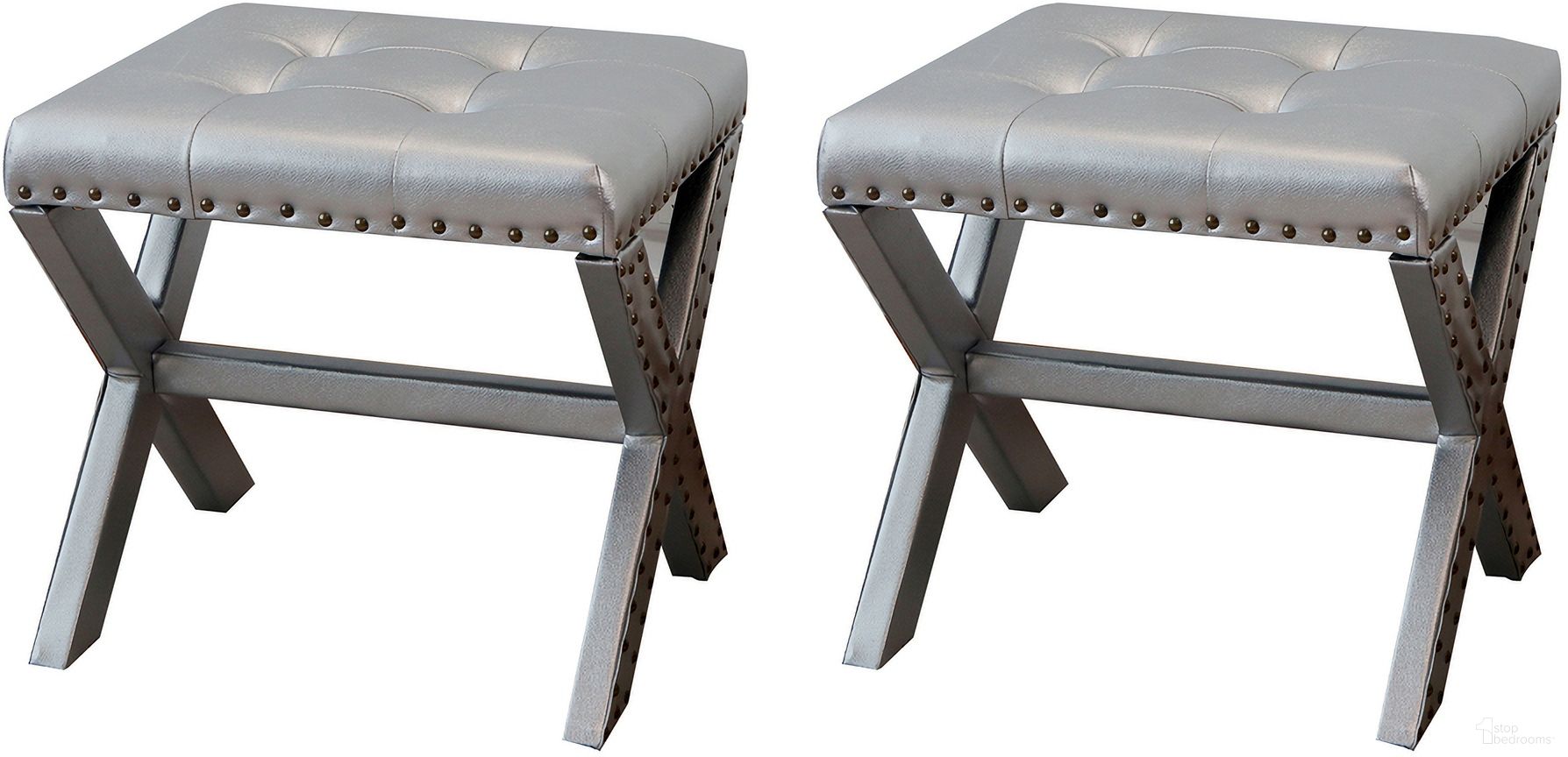 Modern X-Base Vanity Stool Ottoman Set of 2 In Silver