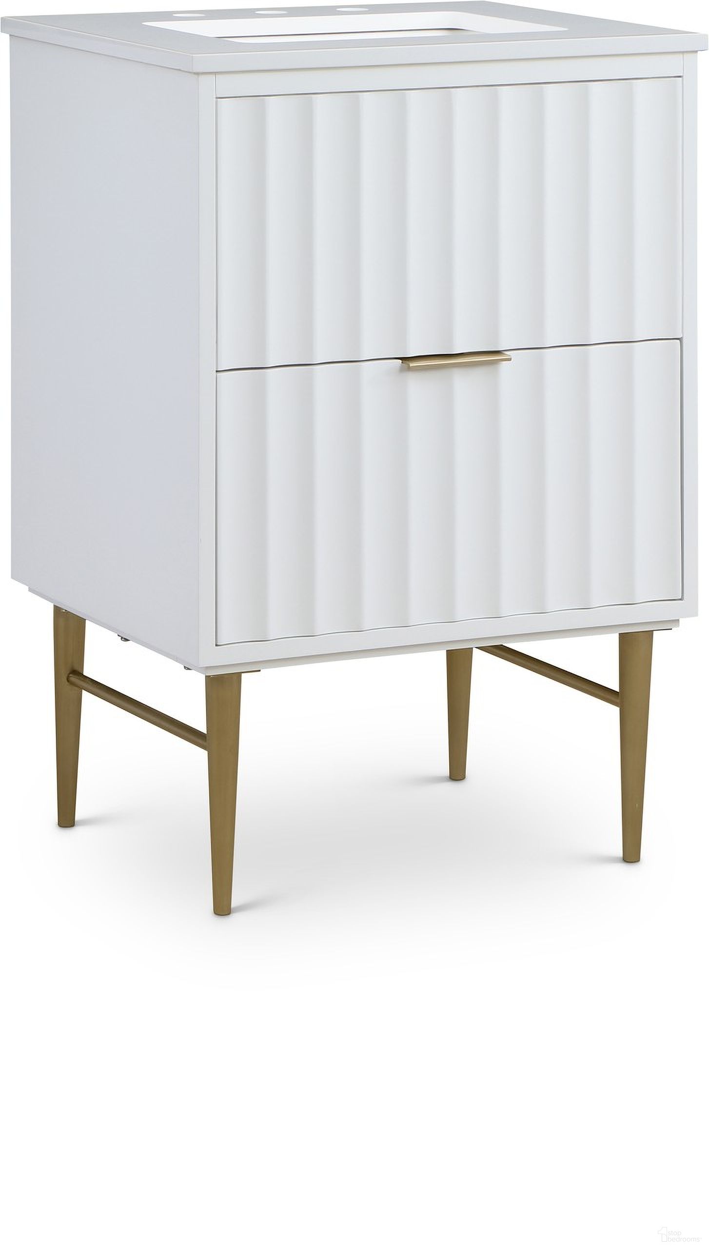 The appearance of 24-Inch Modernist Bathroom Vanity In White/Brushed Gold designed by Meridian in the modern / contemporary interior design. This white piece of furniture  was selected by 1StopBedrooms from Modernist Collection to add a touch of cosiness and style into your home. Sku: 401White-24. Material: MDF.
