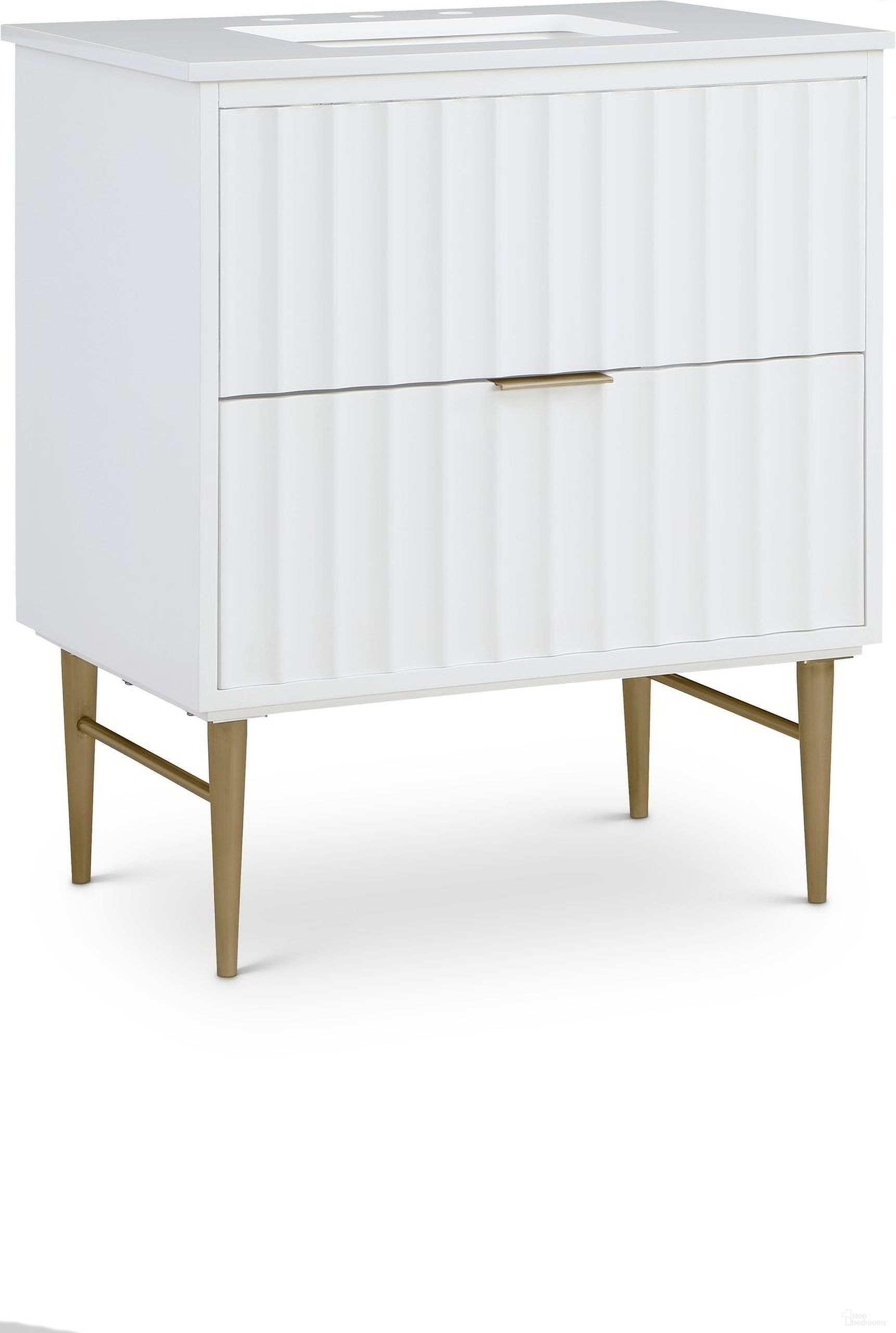 The appearance of 30-Inch Modernist Bathroom Vanity In White/Brushed Gold designed by Meridian in the modern / contemporary interior design. This white piece of furniture  was selected by 1StopBedrooms from Modernist Collection to add a touch of cosiness and style into your home. Sku: 401White-30. Material: MDF.