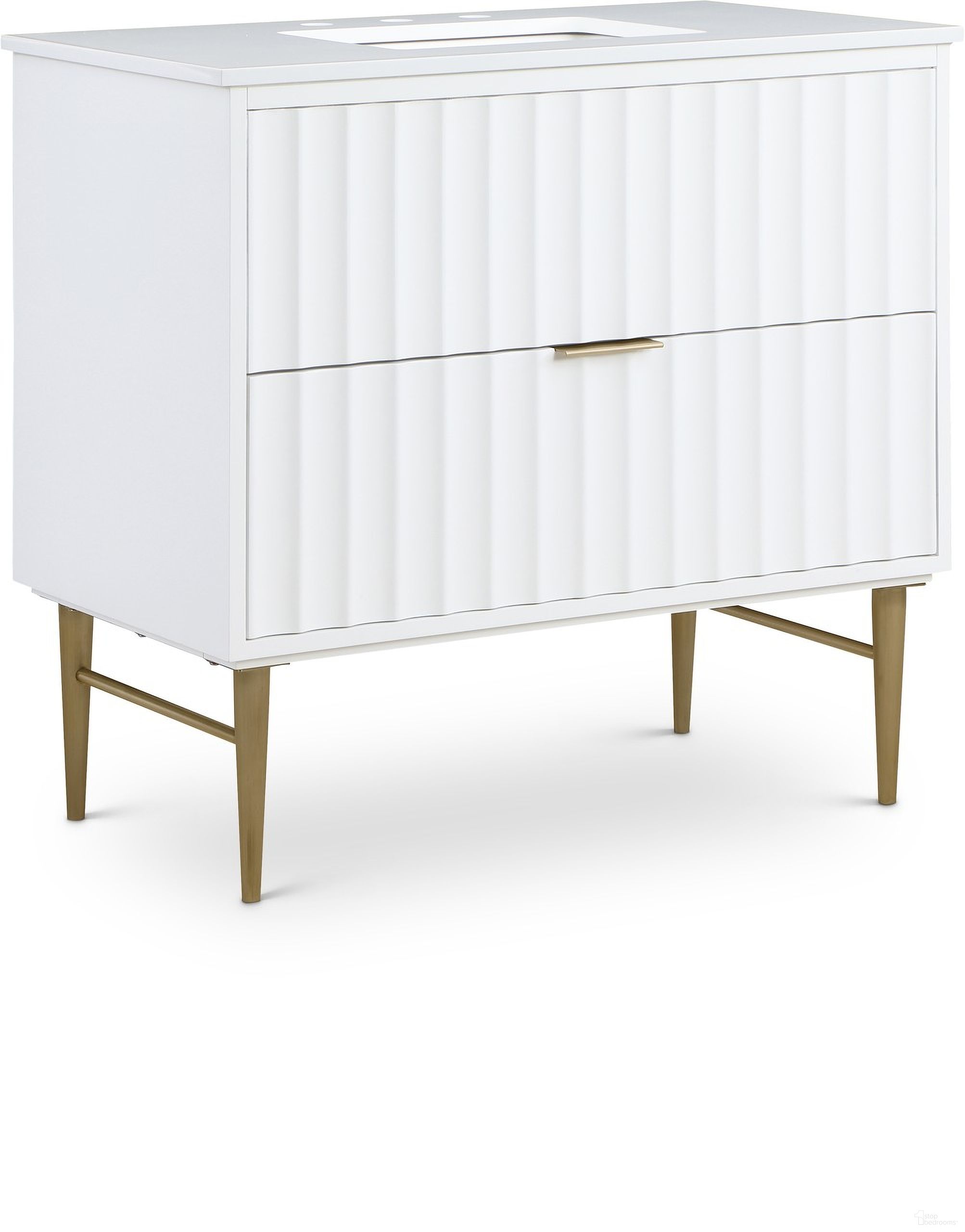 The appearance of 36-Inch Modernist Bathroom Vanity In White/Brushed Gold designed by Meridian in the modern / contemporary interior design. This white piece of furniture  was selected by 1StopBedrooms from Modernist Collection to add a touch of cosiness and style into your home. Sku: 401White-36. Material: MDF.