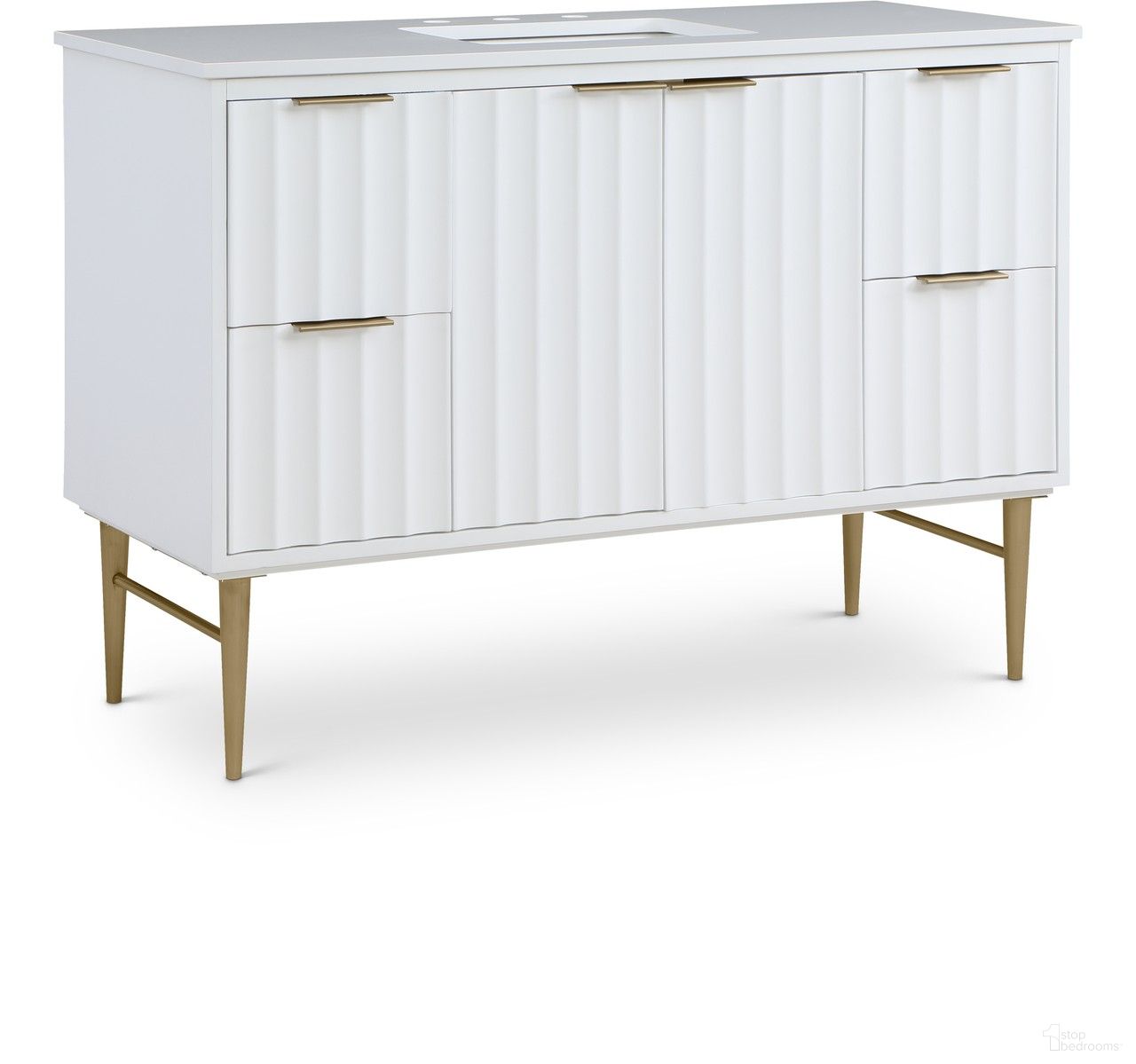 The appearance of Modernist Bathroom Vanity In White and Brushed Gold designed by Meridian in the modern / contemporary interior design. This white piece of furniture was selected by 1StopBedrooms from Modernist Collection to add a touch of cosiness and style into your home. Sku: 401White-48. Material: MDF.