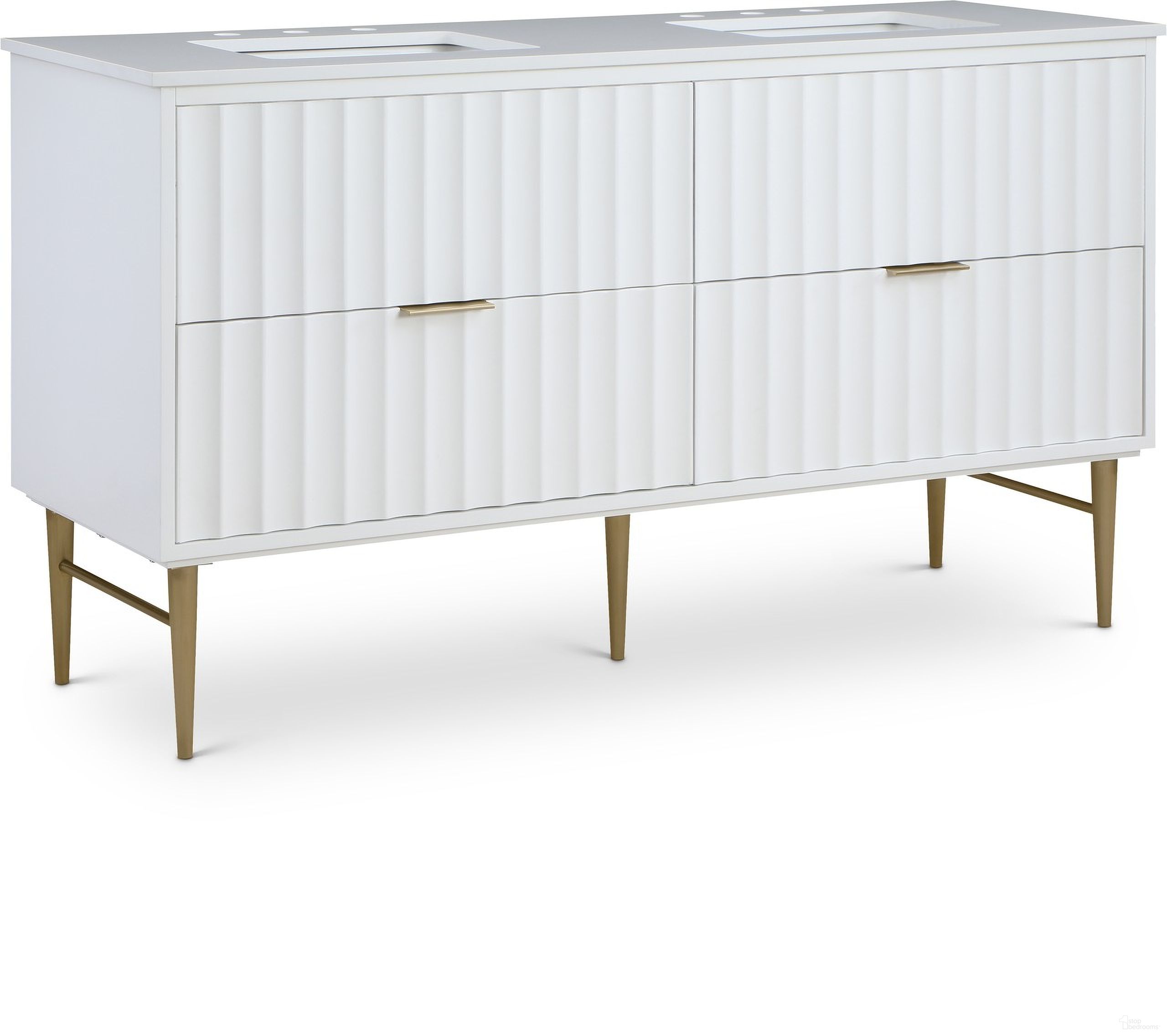 The appearance of 60-Inch Modernist Bathroom Vanity In White/Brushed Gold designed by Meridian in the modern / contemporary interior design. This white piece of furniture  was selected by 1StopBedrooms from Modernist Collection to add a touch of cosiness and style into your home. Sku: 401White-60. Material: MDF.