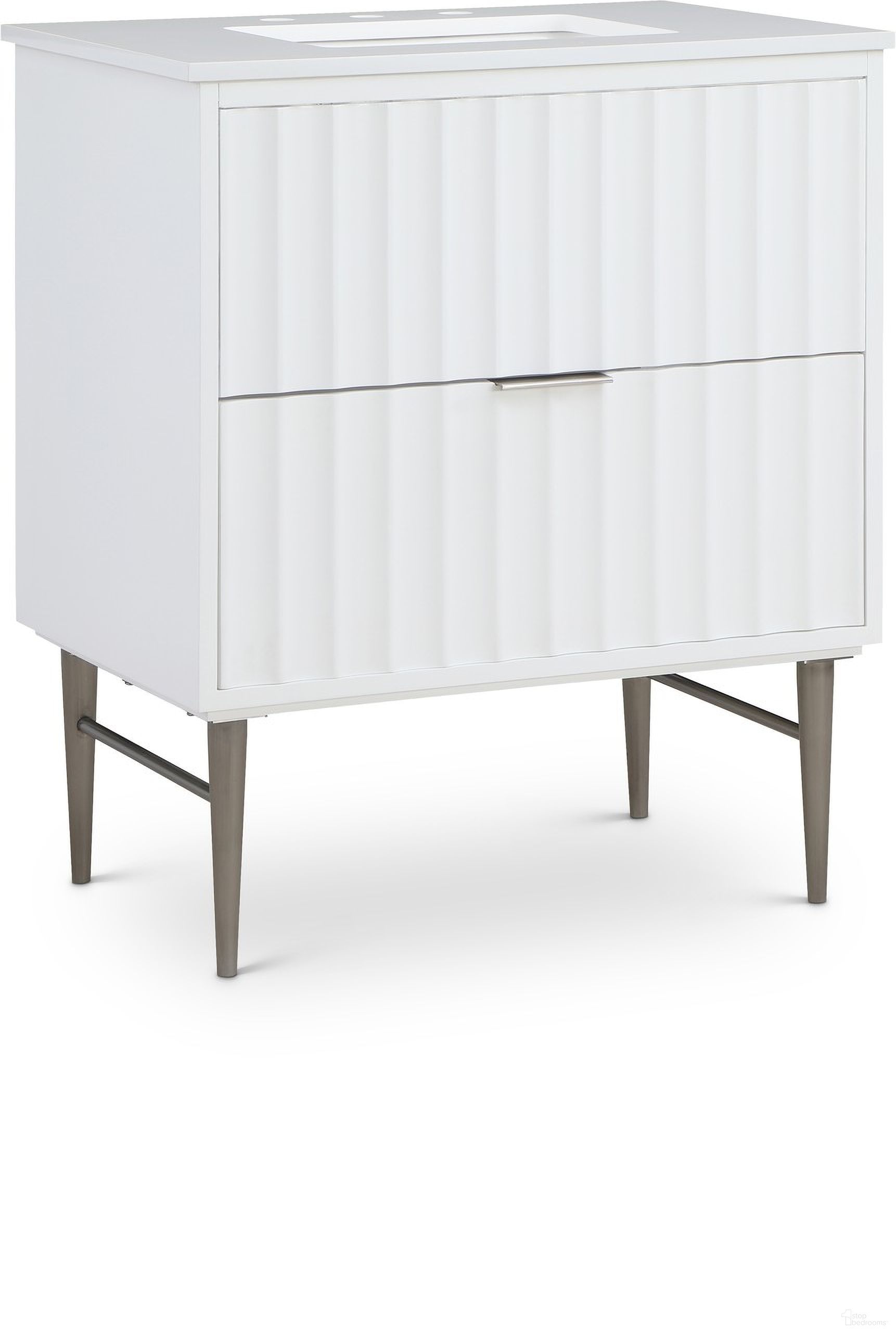The appearance of 30-Inch Modernist Bathroom Vanity In White/Brushed Chrome designed by Meridian in the modern / contemporary interior design. This white piece of furniture  was selected by 1StopBedrooms from Modernist Collection to add a touch of cosiness and style into your home. Sku: 402White-30. Material: MDF.