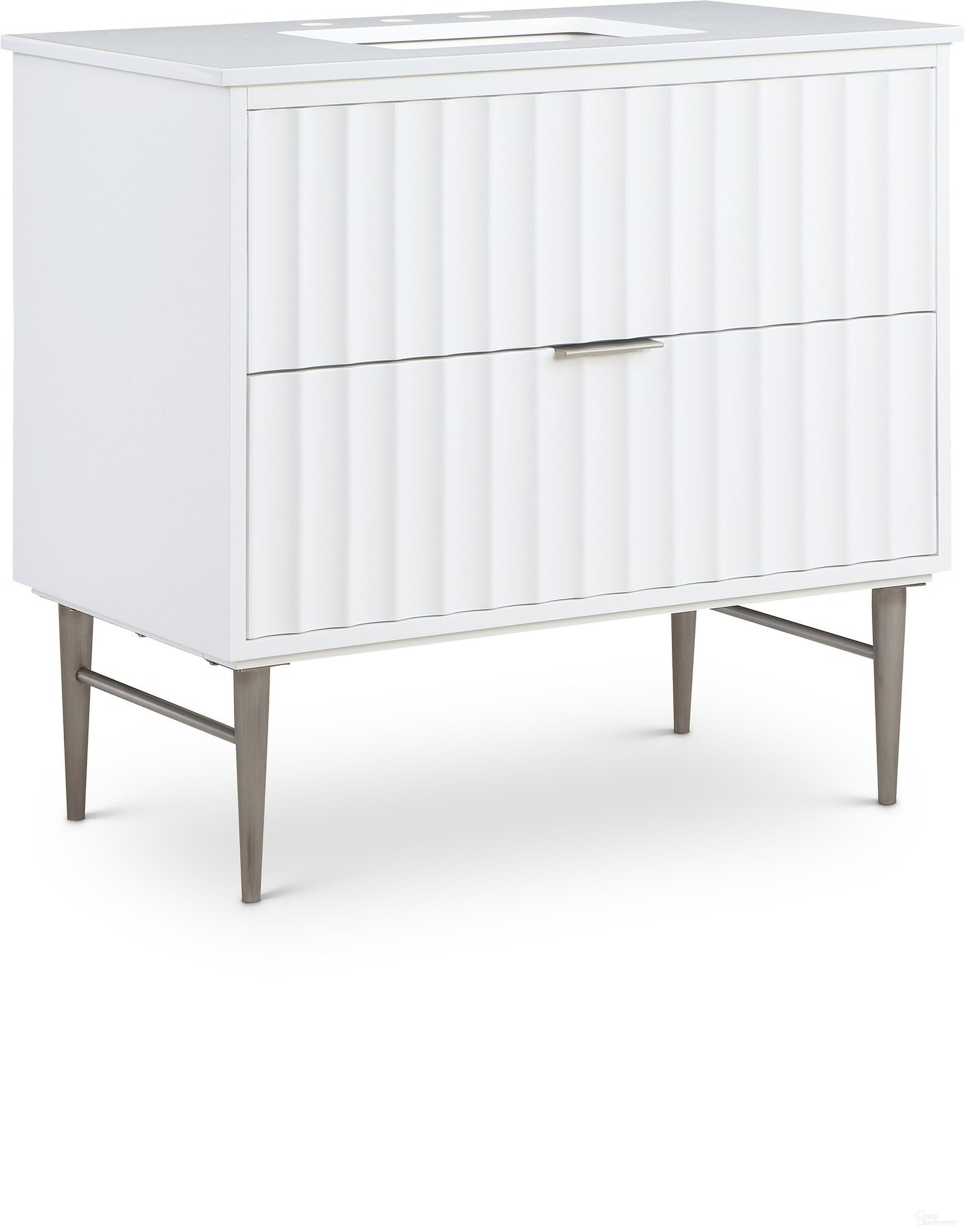 The appearance of 36-Inch Modernist Bathroom Vanity In White/Brushed Chrome designed by Meridian in the modern / contemporary interior design. This white piece of furniture  was selected by 1StopBedrooms from Modernist Collection to add a touch of cosiness and style into your home. Sku: 402White-36. Material: MDF.