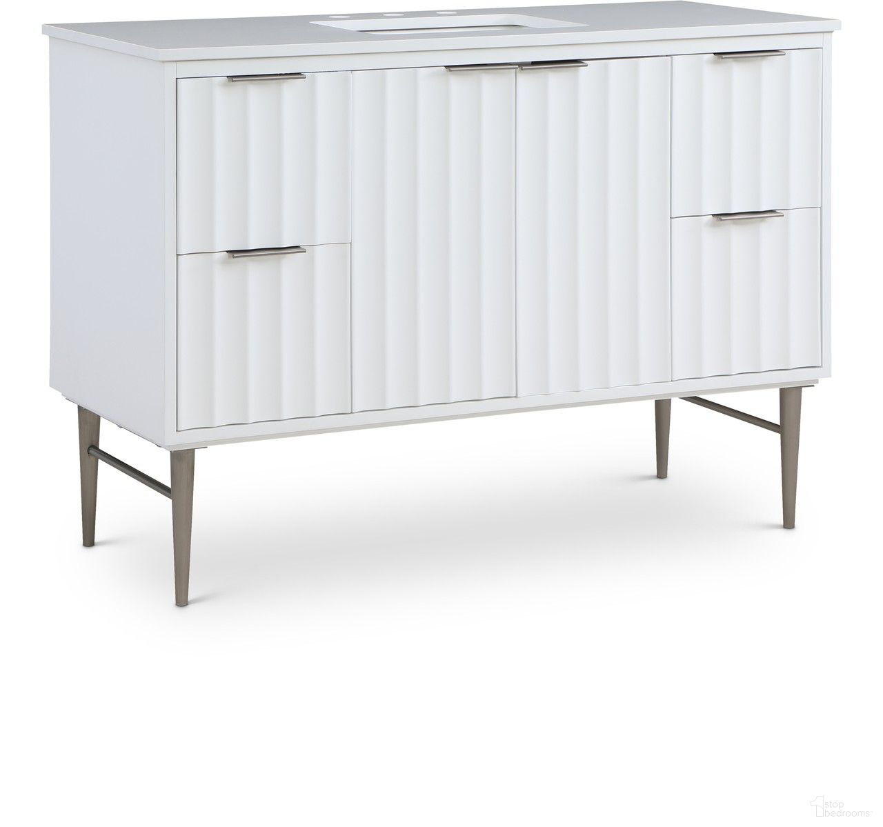 The appearance of Modernist Bathroom Vanity In White and Brushed Chrome designed by Meridian in the modern / contemporary interior design. This white piece of furniture was selected by 1StopBedrooms from Modernist Collection to add a touch of cosiness and style into your home. Sku: 402White-48. Material: MDF.