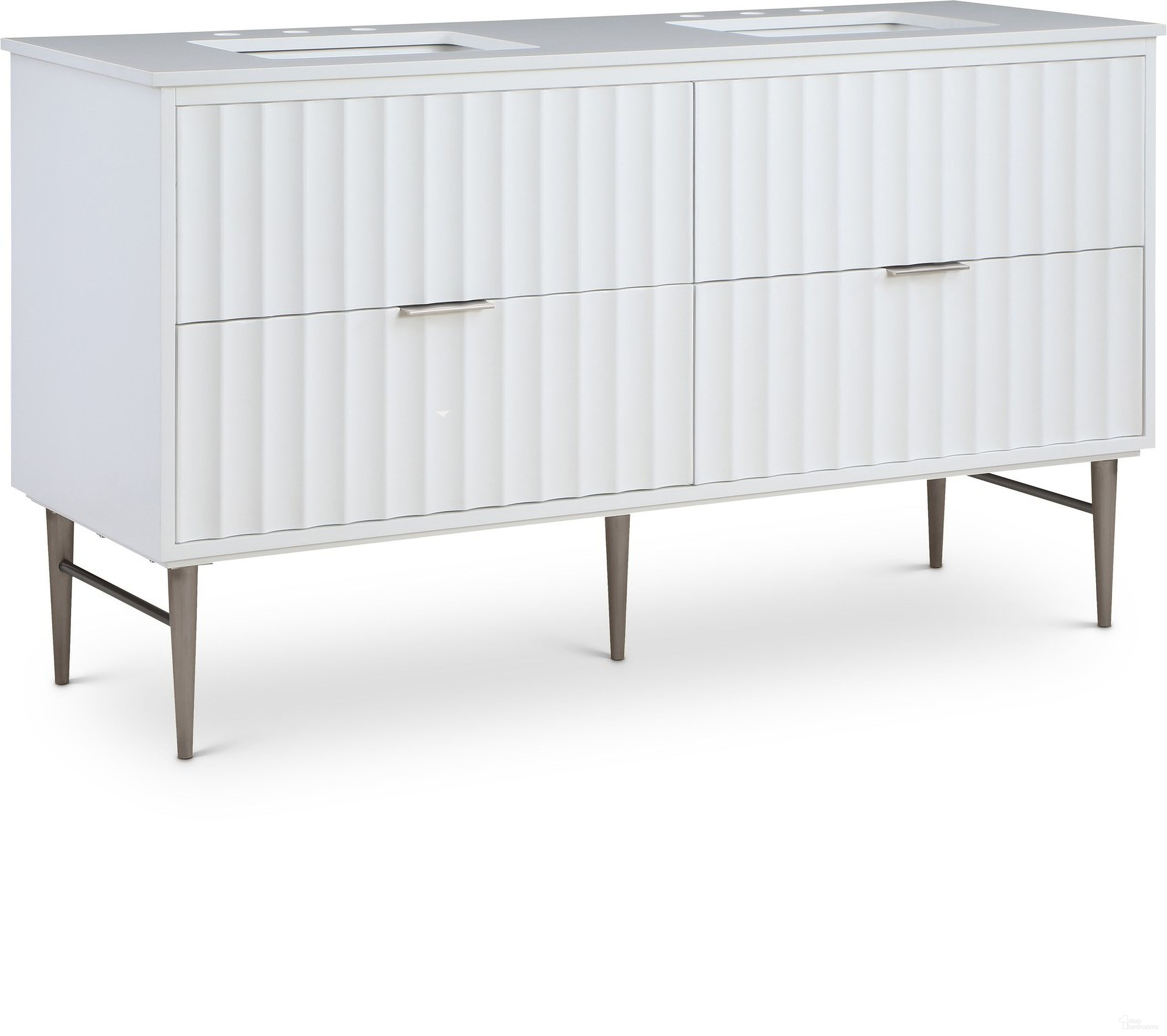 The appearance of 60-Inch Modernist Bathroom Vanity In White/Brushed Chrome designed by Meridian in the modern / contemporary interior design. This white piece of furniture was selected by 1StopBedrooms from Modernist Collection to add a touch of cosiness and style into your home. Sku: 402White-60. Material: MDF.