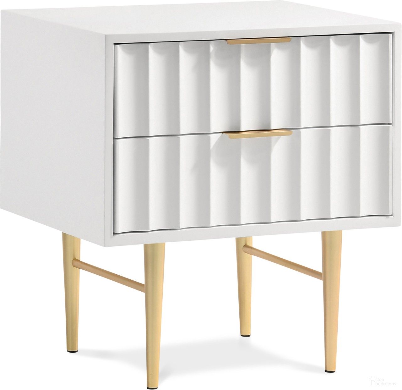 The appearance of Modernist Gloss Night Stand In White and Brushed Gold designed by Meridian in the modern / contemporary interior design. This white piece of furniture was selected by 1StopBedrooms from Modernist Collection to add a touch of cosiness and style into your home. Sku: 801White-NS. Material: Wood.