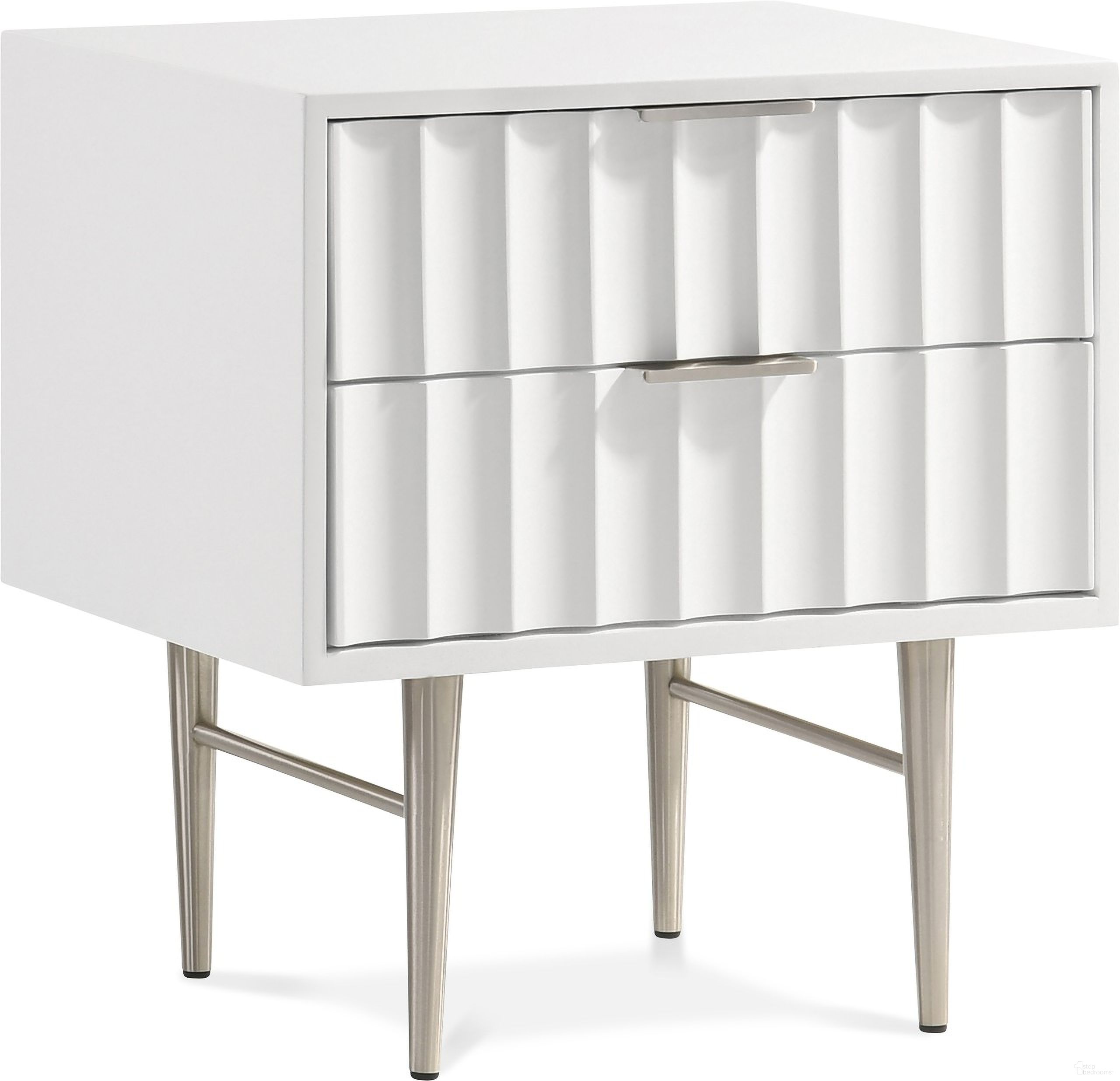 The appearance of Modernist Gloss Night Stand In White and Brushed Chrome designed by Meridian in the modern / contemporary interior design. This white piece of furniture was selected by 1StopBedrooms from Modernist Collection to add a touch of cosiness and style into your home. Sku: 802White-NS. Material: Wood.