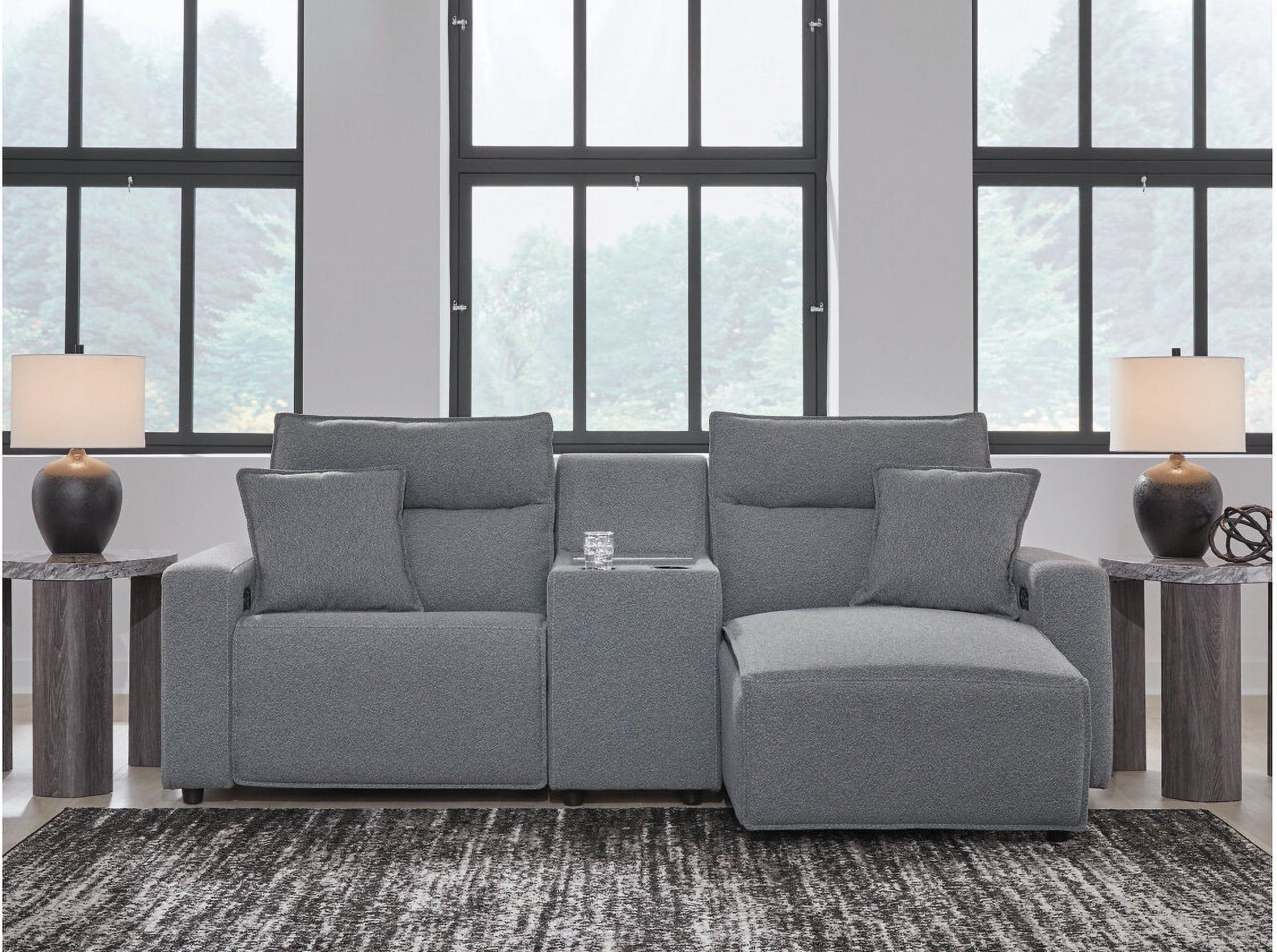 The appearance of Modmax 3-Piece Power Reclining Sectional with RAF Chaise In Salt and Pepper designed by Signature Design by Ashley in the modern / contemporary interior design. This salt & pepper piece of furniture was selected by 1StopBedrooms from Modmax Collection to add a touch of cosiness and style into your home. Sku: 6590658;6590657;6590697. Material: Polyester. Layout: L-Shape. Orientation: RAF.
