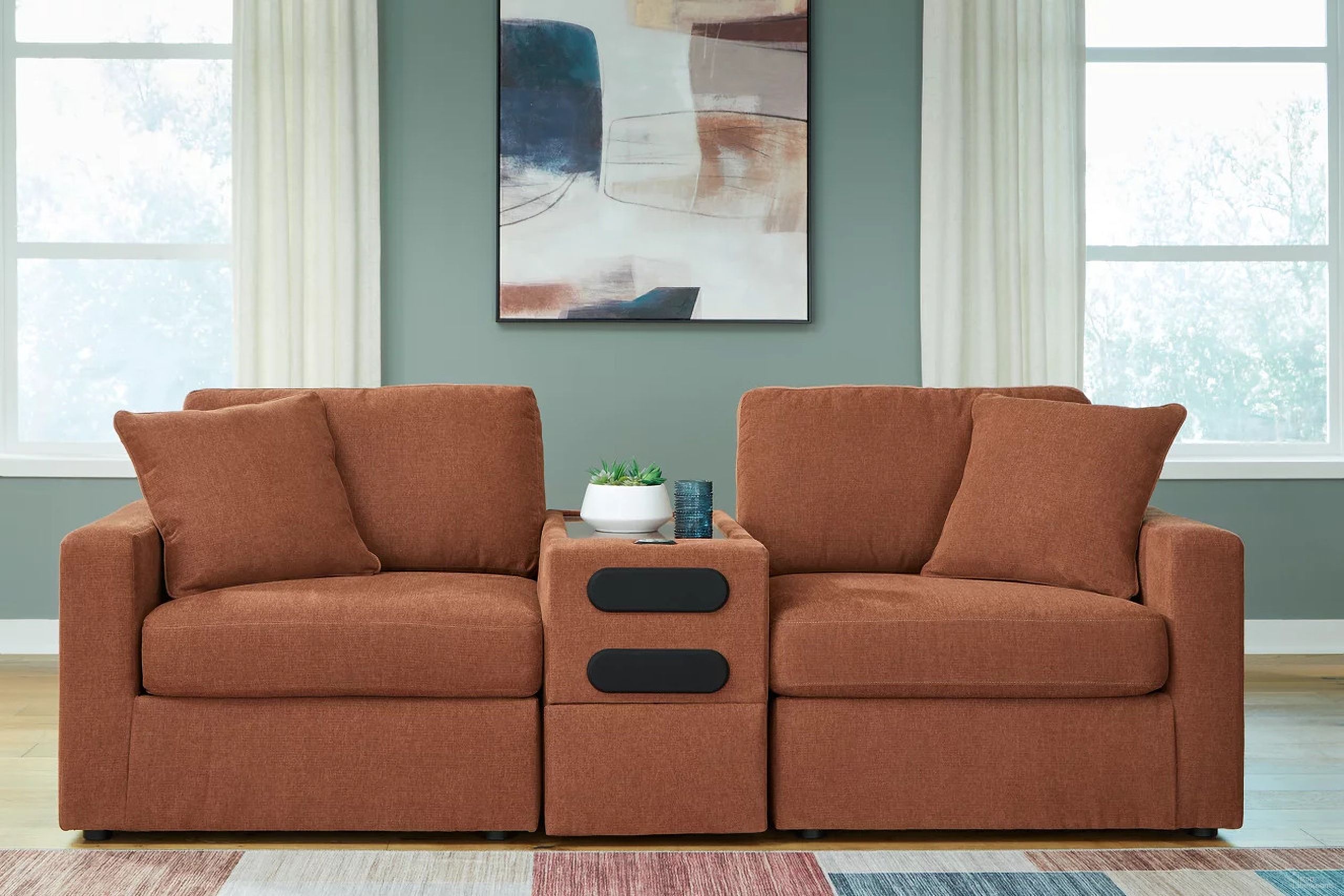 The appearance of Modmax 3-Piece Sectional Loveseat With Audio System In Spice designed by Signature Design by Ashley in the modern / contemporary interior design. This spice piece of furniture was selected by 1StopBedrooms from Modmax Collection to add a touch of cosiness and style into your home. Sku: 9210227;9210264;9210265. Material: Performance Fabric.
