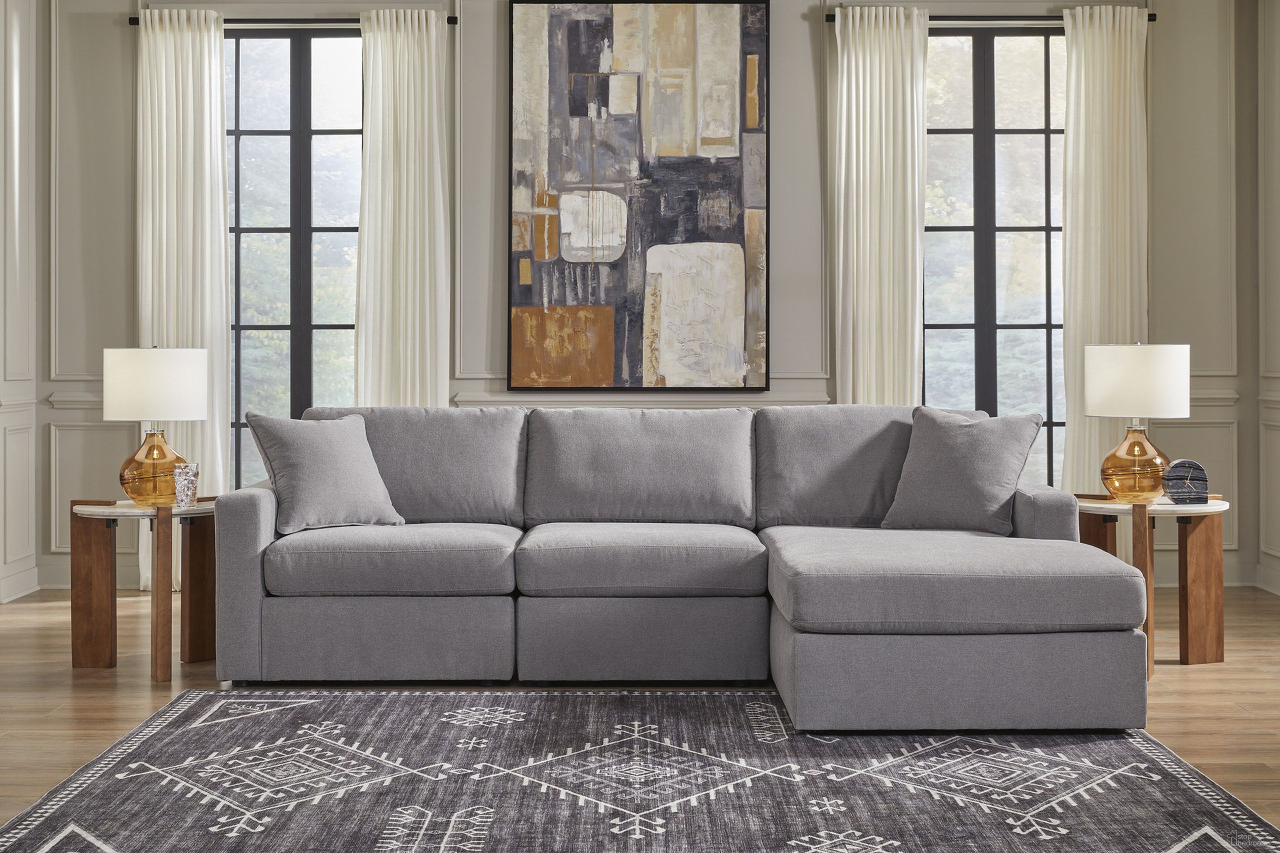 The appearance of Modmax 3-Piece Sectional with Chaise In Granite designed by Signature Design by Ashley in the modern / contemporary interior design. This granite piece of furniture was selected by 1StopBedrooms from Modmax Collection to add a touch of cosiness and style into your home. Sku: 9210464;9210446;9210417. Material: Performance Fabric. Layout: L-Shape. Orientation: RAF.