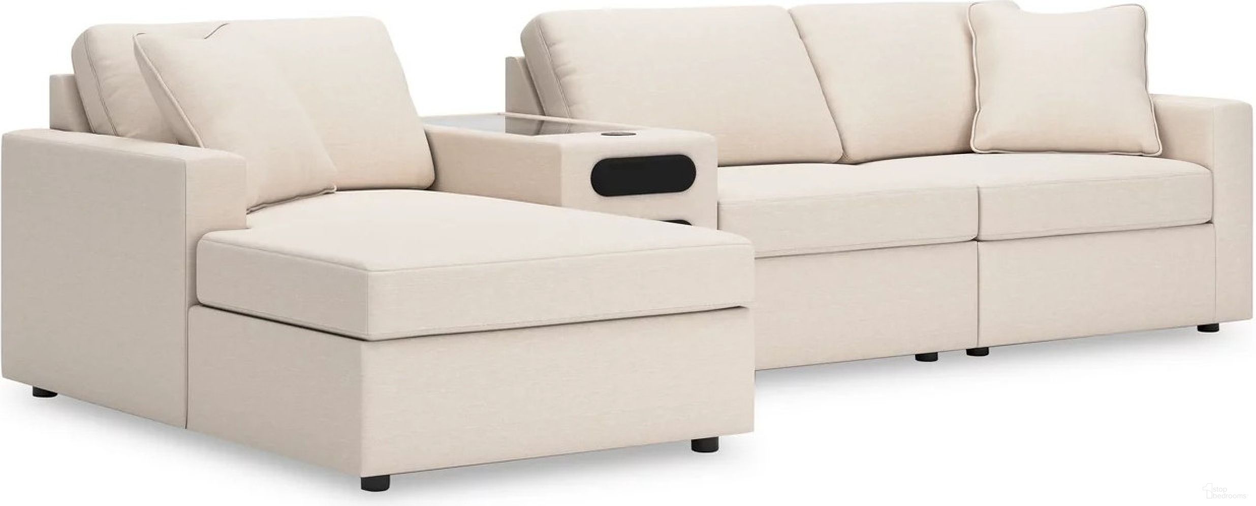 The appearance of Modmax 4-Piece LAF Sectional with Audio Console In Oyster designed by Signature Design by Ashley in the modern / contemporary interior design. This oyster piece of furniture was selected by 1StopBedrooms from Modmax Collection to add a touch of cosiness and style into your home. Sku: 9210316;9210346;9210327;9210365. Material: Performance Fabric. Layout: L-Shape. Orientation: LAF.