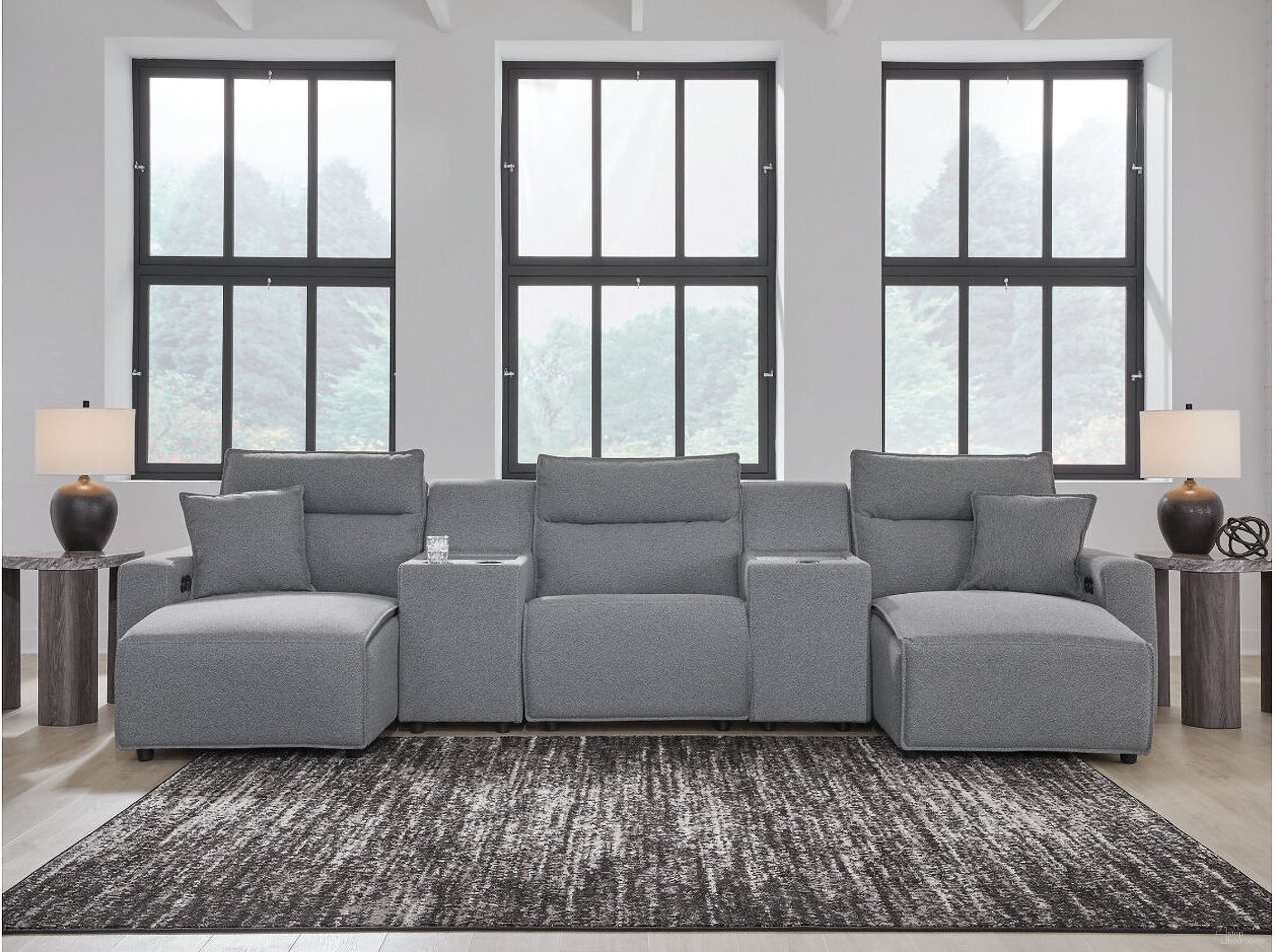 The appearance of Modmax 5-Piece Power Reclining Sectional with Chaise and Console In Salt & Pepper designed by Signature Design by Ashley in the modern / contemporary interior design. This salt & pepper piece of furniture  was selected by 1StopBedrooms from Modmax Collection to add a touch of cosiness and style into your home. Sku: 6590679;6590646;6590657;6590657;6590697. Material: Polyester. Layout: U-Shape.
