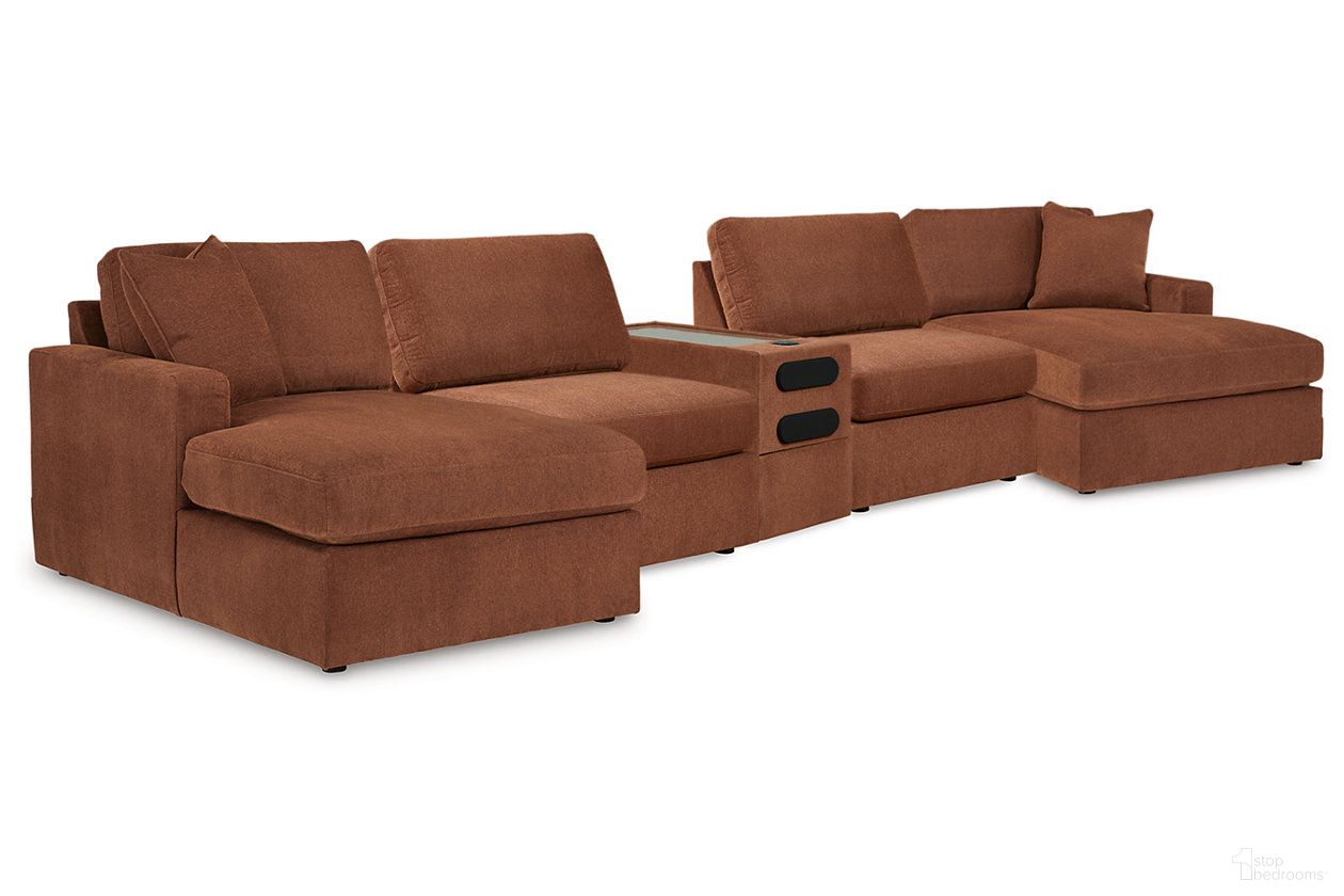The appearance of Modmax 5 Piece Sectional with Audio Console In Spice designed by Signature Design by Ashley in the modern / contemporary interior design. This spice piece of furniture was selected by 1StopBedrooms from Modmax Collection to add a touch of cosiness and style into your home. Sku: 9210216;9210227;9210246;9210246;9210217. Material: Performance Fabric. Layout: U-Shape.