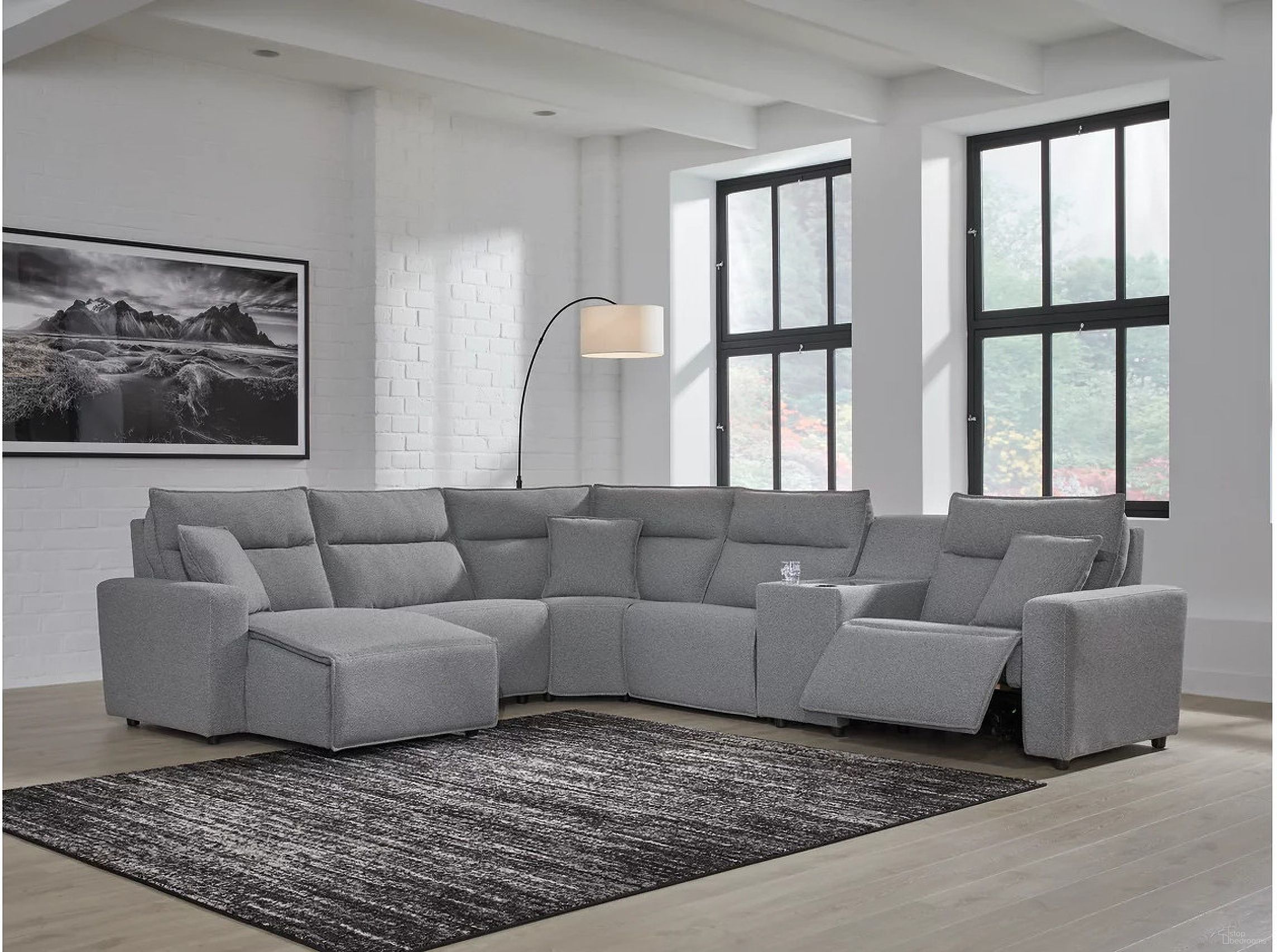 The appearance of Modmax 6-Piece Power Reclining Sectional with LAF Chaise In Salt and Pepper designed by Signature Design by Ashley in the modern / contemporary interior design. This salt & pepper piece of furniture was selected by 1StopBedrooms from Modmax Collection to add a touch of cosiness and style into your home. Sku: 6590679;6590631;6590646;6590657;6590677;6590662. Material: Polyester. Layout: L-Shape. Orientation: LAF.