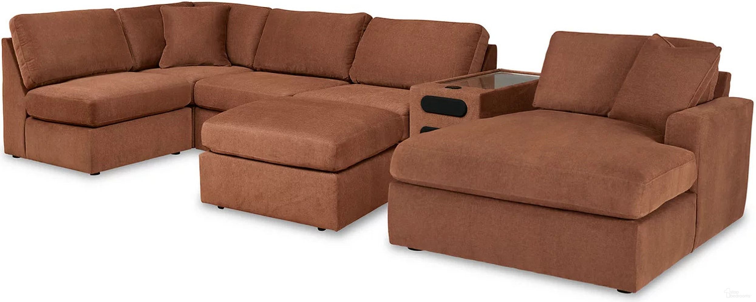 The appearance of Modmax 6-Piece RAF Sectional with Audio Console and Ottoman In Spice designed by Signature Design by Ashley in the modern / contemporary interior design. This spice piece of furniture was selected by 1StopBedrooms from Modmax Collection to add a touch of cosiness and style into your home. Sku: 9210246;9210246;9210246;9210227;9210208;9210277;9210217. Material: Performance Fabric. Layout: Modular. Orientation: RAF.