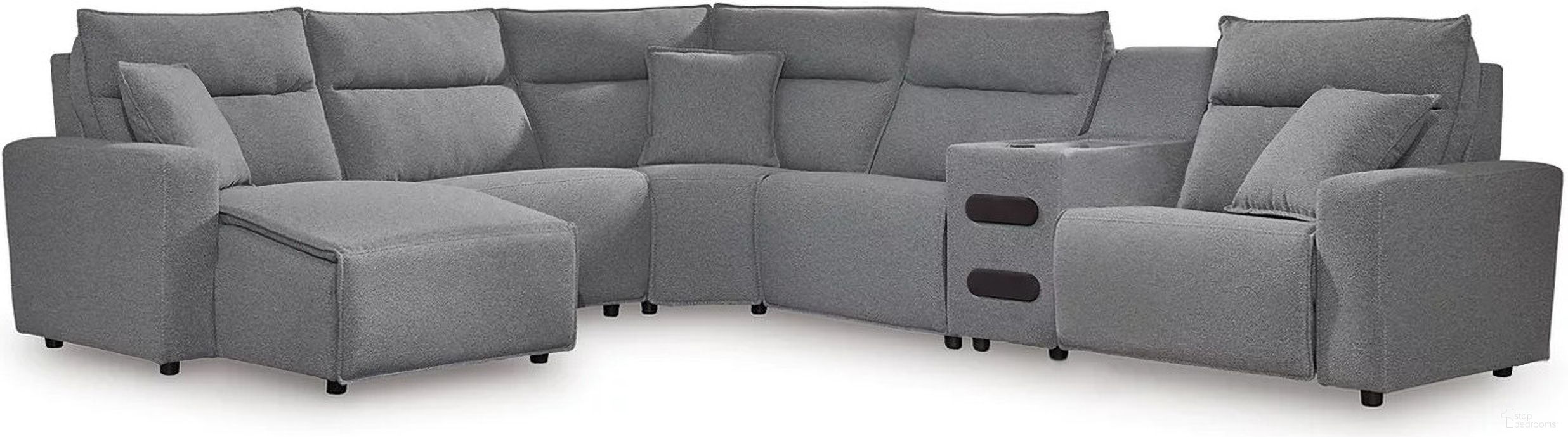 The appearance of Modmax 6-Piece Reclining Sectional with Chaise and Audio Console In Salt and Pepper designed by Signature Design by Ashley in the modern / contemporary interior design. This salt & pepper piece of furniture was selected by 1StopBedrooms from Modmax Collection to add a touch of cosiness and style into your home. Sku: 6590631;6590646;6590660;6590662;6590677;6590679. Material: Polyester.