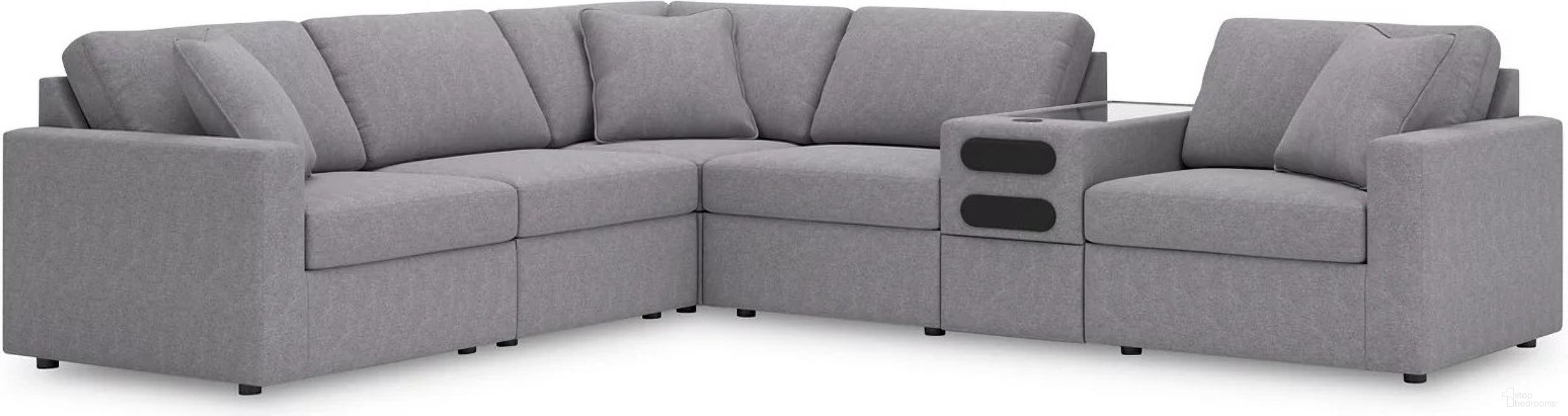 The appearance of Modmax 6-Piece Sectional with Audio Console In Granite designed by Signature Design by Ashley in the modern / contemporary interior design. This granite piece of furniture  was selected by 1StopBedrooms from Modmax Collection to add a touch of cosiness and style into your home. Sku: 9210464;9210446;9210446;9210427;9210477;9210465. Material: Performance Fabric. Layout: L-Shape.