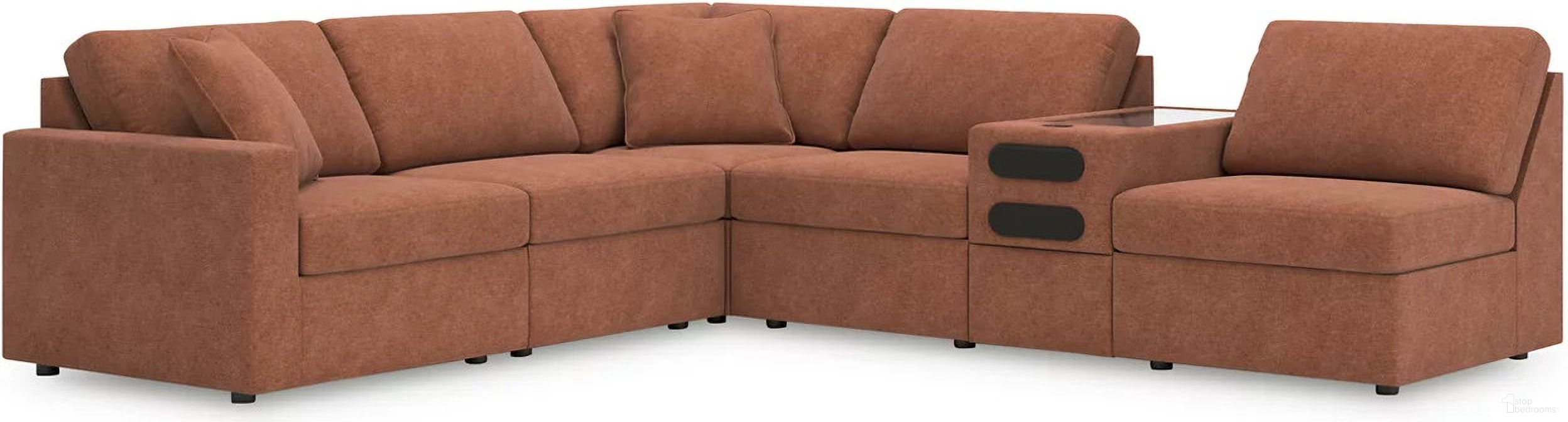 The appearance of Modmax 6-Piece Sectional with Audio Console In Spice designed by Signature Design by Ashley in the modern / contemporary interior design. This spice piece of furniture was selected by 1StopBedrooms from Modmax Collection to add a touch of cosiness and style into your home. Sku: 9210264;9210246;9210246;9210246;9210227;9210277. Material: Performance Fabric. Layout: L-Shape.