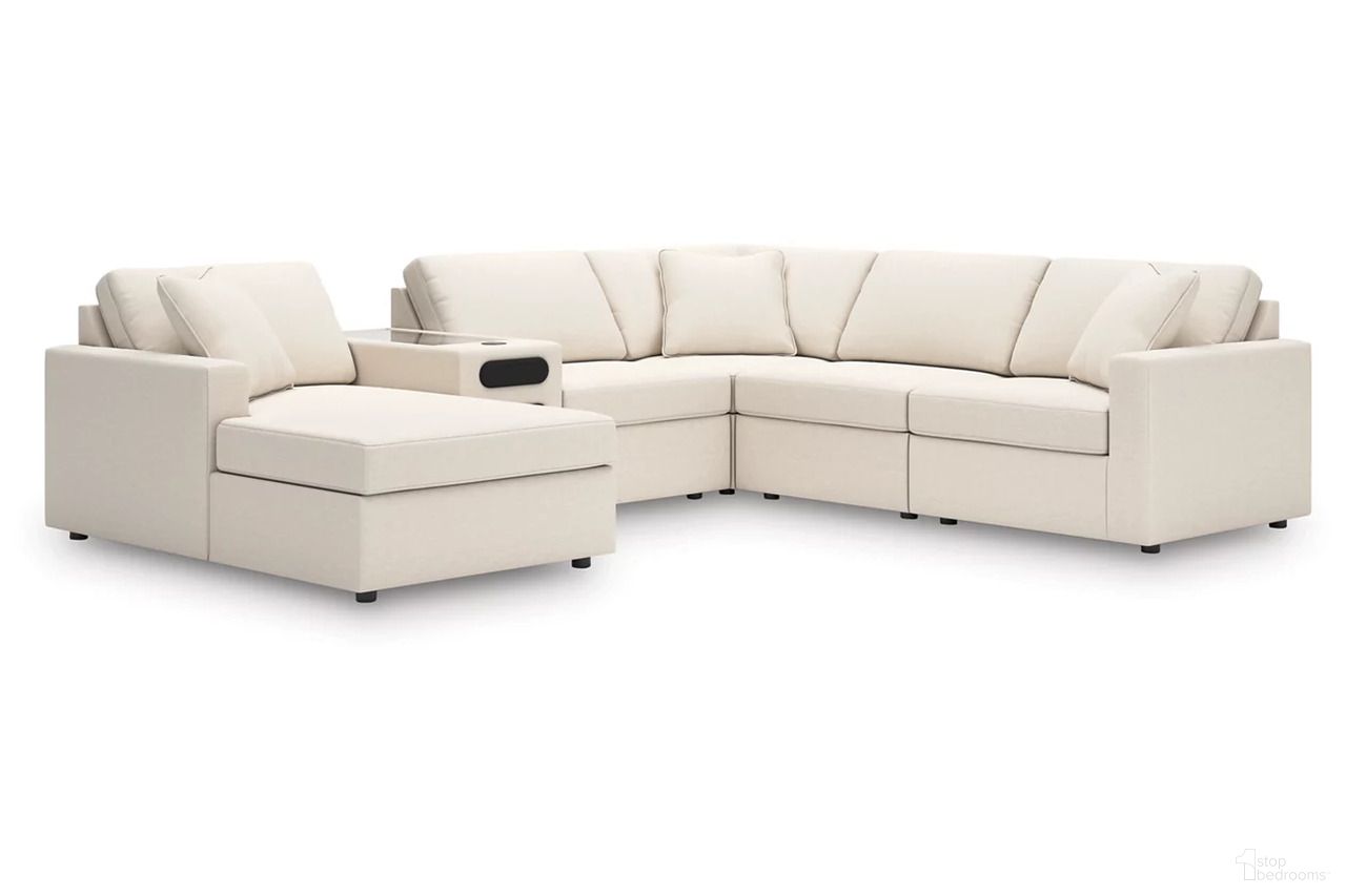 The appearance of Modmax 6-Piece Sectional with Audio System and Chaise In Oyster designed by Signature Design by Ashley in the modern / contemporary interior design. This oyster piece of furniture was selected by 1StopBedrooms from Modmax Collection to add a touch of cosiness and style into your home. Sku: 9210316;9210346;9210346;9210327;9210377;9210365. Material: Performance Fabric. Layout: U-Shape. Orientation: LAF.