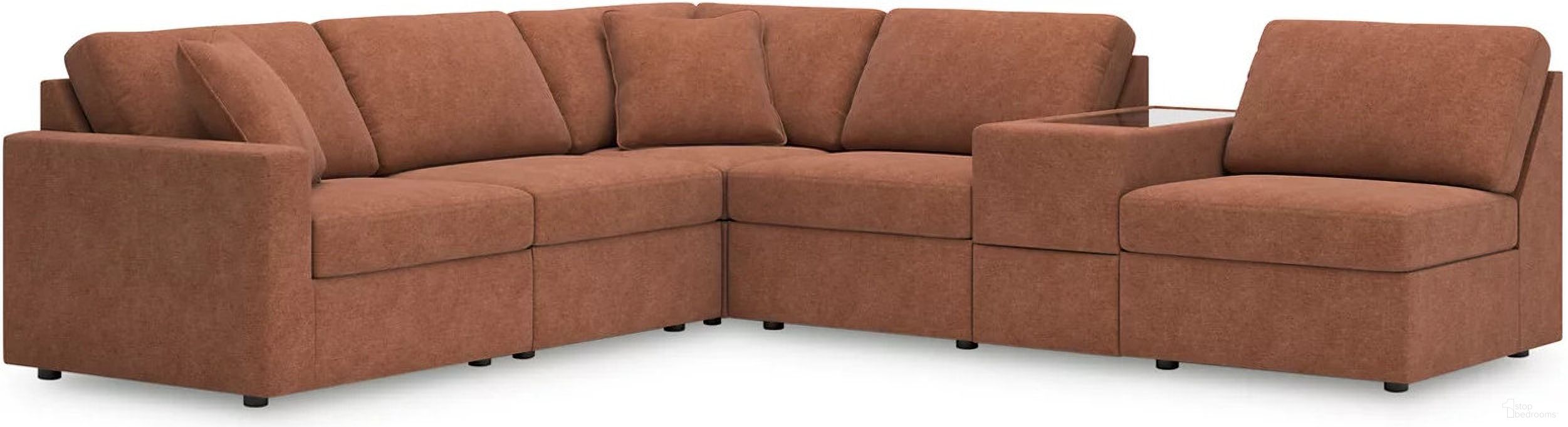 The appearance of Modmax 6-Piece Sectional with Storage Console In Spice designed by Signature Design by Ashley in the modern / contemporary interior design. This spice piece of furniture was selected by 1StopBedrooms from Modmax Collection to add a touch of cosiness and style into your home. Sku: 9210264;9210246;9210246;9210246;9210257;9210277. Material: Performance Fabric. Layout: L-Shape.