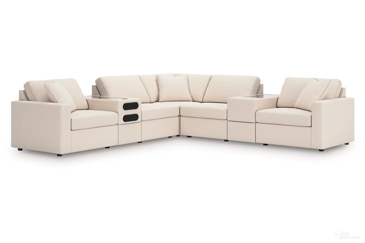 The appearance of Modmax 7-Piece Balanced Sectional with Audio and Storage Consoles In Oyster designed by Signature Design by Ashley in the modern / contemporary interior design. This oyster piece of furniture was selected by 1StopBedrooms from Modmax Collection to add a touch of cosiness and style into your home. Sku: 9210364;9210346;9210346;9210357;9210377;9210327;9210365. Material: Performance Fabric. Layout: L-Shape.